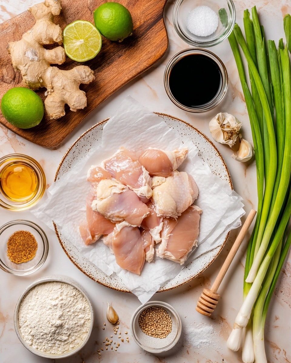 The image shows raw chicken pieces placed on white parchment paper on a white plate with a speckled rim, at the center. Around the plate, there is a wooden board with whole garlic cloves, fresh ginger root, and halved limes at the top. To the right of the plate, there are fresh green onions with dark green and white parts. Small white bowls of white flour with a wooden spoon, sesame seeds, salt, and pepper are scattered around the plate. Also, there are clear glass containers holding soy sauce, honey with a wooden dipper, and a light liquid, likely oil or vinegar. The whole scene is set on a white marbled surface. photo taken with an iphone --ar 4:5 --v 7
