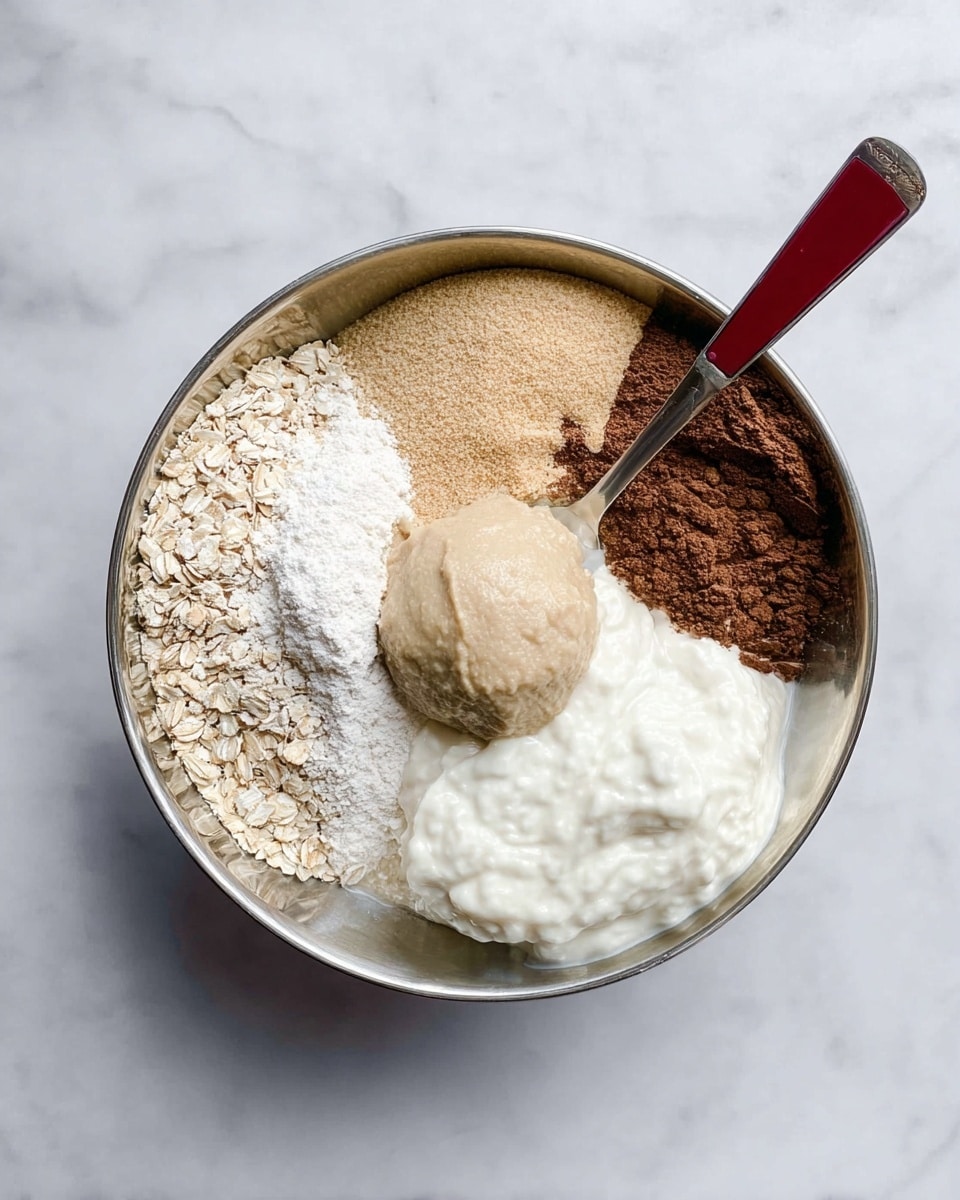A shiny silver bowl on a white marbled surface holds five main layers of ingredients: a pile of beige oatmeal on the left side, a dark brown creamy substance next to it, a light beige powder piled in the center with a round, firm beige scoop on top, and a large dollop of white creamy yogurt on the right side. A spoon with a red handle rests inside the bowl, touching the yogurt. The ingredients stay separate, showing their different textures and colors clearly photo taken with an iphone --ar 4:5 --v 7