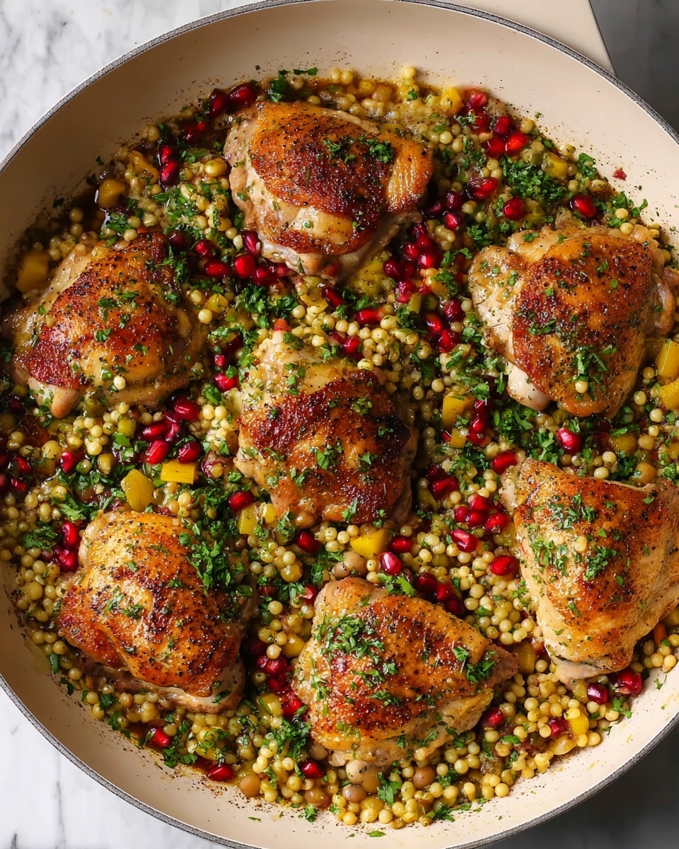 This image shows a dish in a white pan with six pieces of cooked chicken on top. The chicken is golden brown with some herbs sprinkled on top. Underneath the chicken is a layer of small round couscous pearls mixed with yellow and green diced vegetables and scattered red pomegranate seeds. Fresh green chopped herbs are sprinkled over the whole dish. The white pan rests on a white marbled surface. Photo taken with an iphone --ar 4:5 --v 7