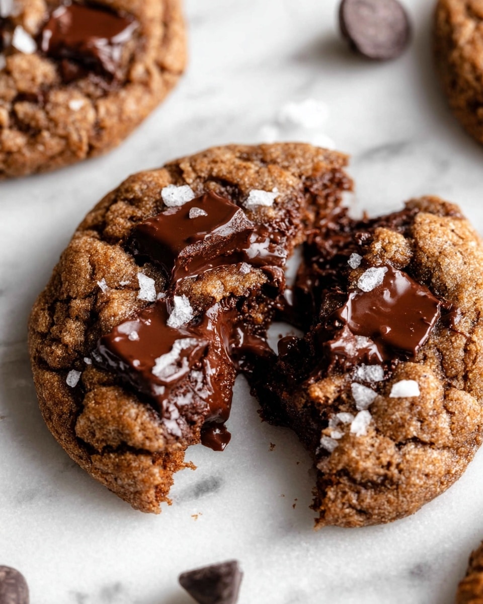 A close-up image shows a soft, thick cookie broken in half on a white marbled surface. The cookie has one main layer with a rough brown texture, filled with many melted, shiny dark brown chocolate chunks on top and inside, some still intact and some melted, oozing out from the middle. There are also small flakes of white sea salt sprinkled unevenly across the top, adding contrast. Around the cookie, a few whole chocolate chips are scattered on the white marbled surface. Photo taken with an iphone --ar 4:5 --v 7