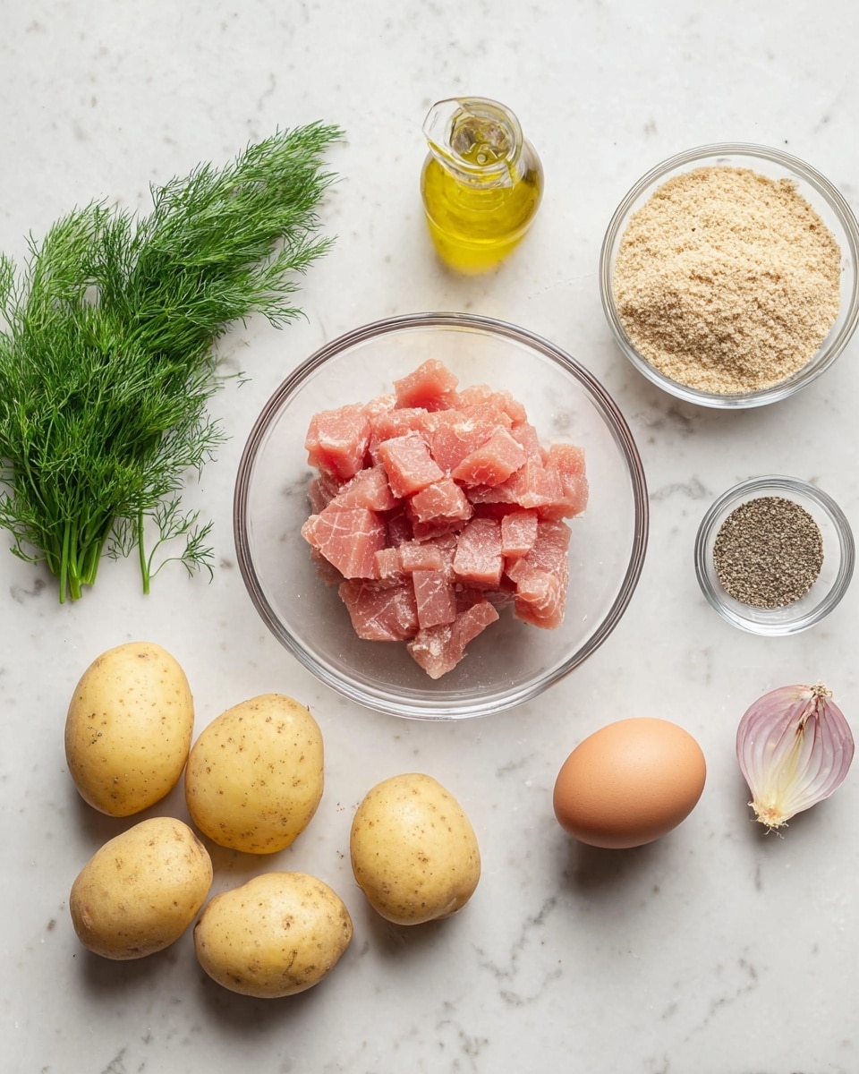 The image shows ingredients for a dish arranged on a white marbled surface. In the center, there is a clear glass bowl filled with chunks of light pink tuna. To the left, there is a bunch of fresh green dill, a small transparent glass bottle with yellow oil, and a clear glass bowl filled with coarse beige breadcrumbs. On the right side of the tuna bowl, an egg with a smooth brown shell and a small clear glass bowl with ground black pepper sit near three round light yellow potatoes. At the bottom right corner, a single small shallot with a pale purple skin is placed, adding more color contrast to the arrangement. photo taken with an iphone --ar 4:5 --v 7