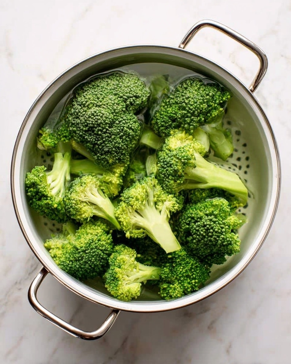 A white pot filled with several pieces of bright green broccoli, some florets and some stems, resting in fresh water. The broccoli is fresh, showing detailed texture with tight, small buds and slightly uneven stems. The pot handles are silver and shiny, and the scene is set on a white marbled surface with soft natural light. photo taken with an iphone --ar 4:5 --v 7