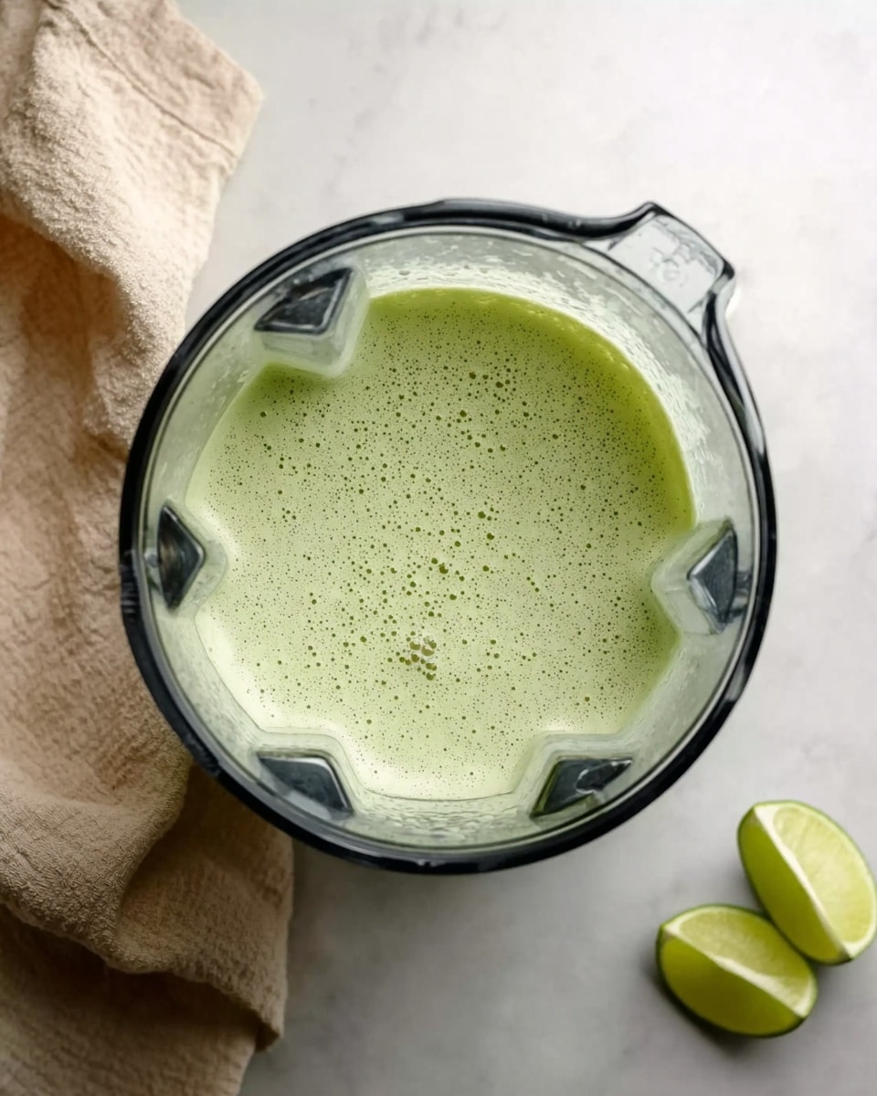 A blender jar filled with a light green, smooth liquid with small bubbles on top, placed on a white marbled surface. The blender jar is transparent with a black and clear lid, and the liquid inside is evenly blended with a frothy texture. To the right of the blender, there are two lime halves lying flat on the surface. A beige cloth is partially visible to the left of the blender. The scene is bright and clean with soft natural light. photo taken with an iphone --ar 4:5 --v 7