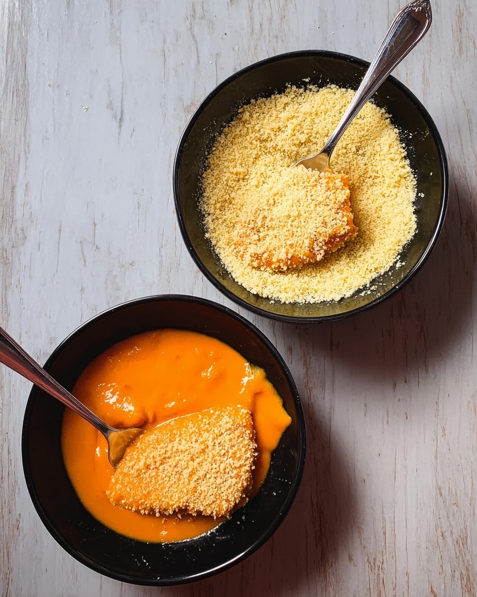 Two black bowls sit on a white marbled surface; the top bowl is filled with light yellow breadcrumbs surrounding a piece of light orange food being coated, with a silver fork resting inside. The bottom bowl holds a thick, smooth orange sauce with a similar light orange piece partially covered in the sauce and another silver fork inside. The scene shows the food in the process of being dipped and coated. Photo taken with an iphone --ar 4:5 --v 7