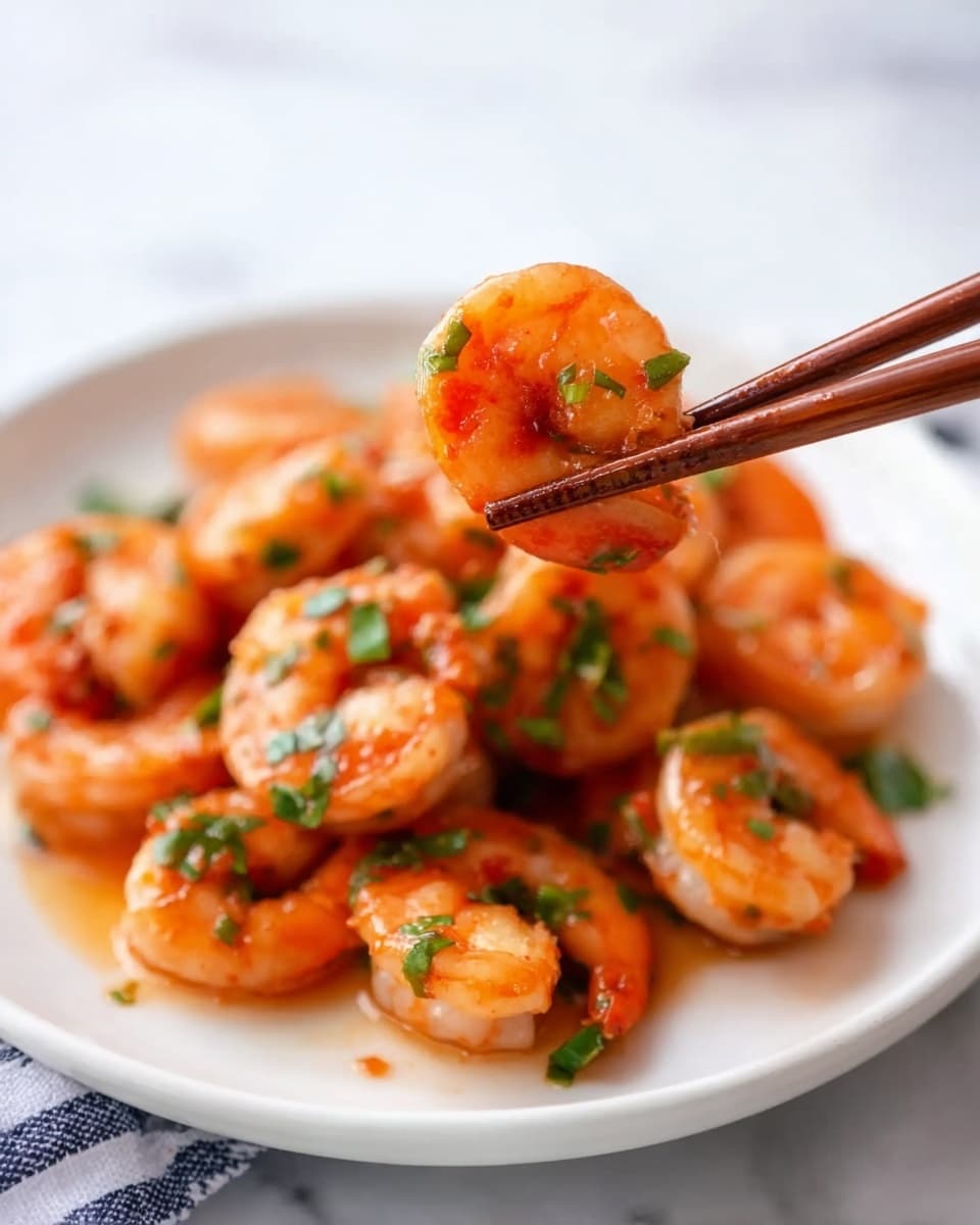 The image shows a close-up of a single cooked shrimp held by chopsticks in the foreground, with many more shrimp piled on a white plate in the background. The shrimp are orange with a slightly shiny texture and scattered chopped green herbs on top for garnish. The white plate sits on a white marbled surface. The shrimp look juicy and lightly sauced, and the chopsticks are held by a woman's hand that enters the frame from the top right corner. Photo taken with an iphone --ar 4:5 --v 7