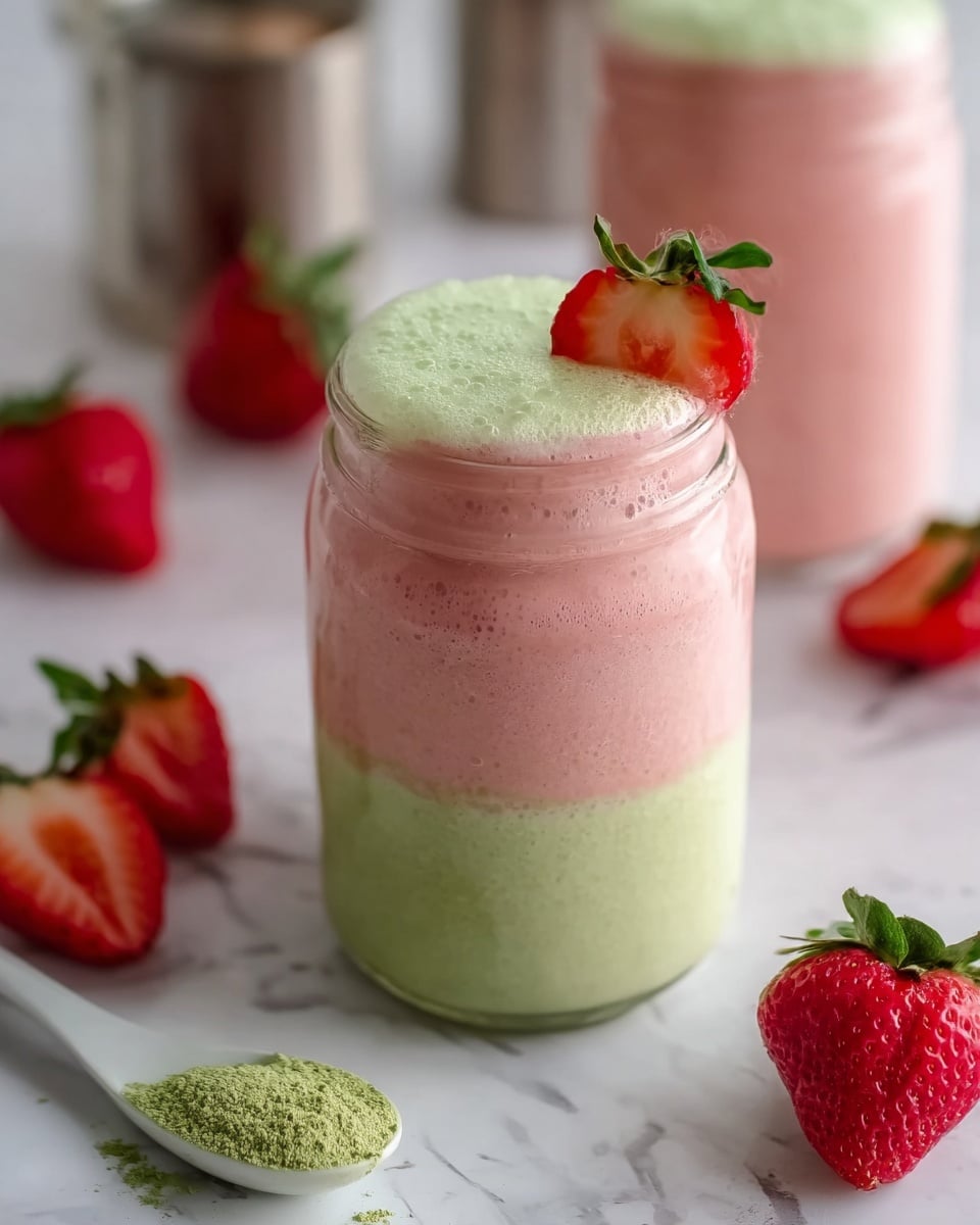 The image shows two clear glass jars filled with layered drinks on a white marbled surface. The front jar has two thick layers: the bottom layer is light green with a smooth texture, and the top layer is light pink, creamy and frothy with a small green foam layer on top, garnished with a sliced strawberry on the rim. The back jar is completely filled with the light pink creamy drink. Around the jars are fresh red strawberries with green leaves, and in the lower left corner, there is a white spoon with green powder on it next to a half strawberry. The background is simple and softly blurred, with a white marbled counter and some out-of-focus elements like a metal container. Photo taken with an iphone --ar 4:5 --v 7