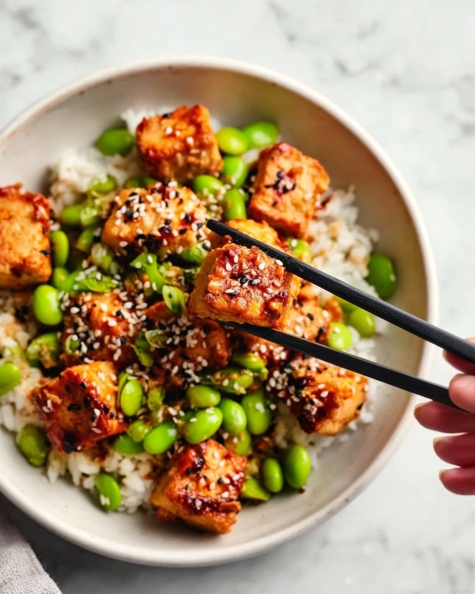The dish shows small, browned pieces of tofu with a lightly crispy surface speckled with white and black sesame seeds, placed over a bed of white rice. Bright green edamame beans are scattered evenly among the tofu, adding a fresh contrast to the warm colors of the tofu. A woman's hand is holding black chopsticks, picking up a piece of tofu from the bowl. The bowl is white, sitting on a white marbled surface that brings a clean and simple look to the image. The light is natural, highlighting the textures and colors clearly. photo taken with an iphone --ar 4:5 --v 7
