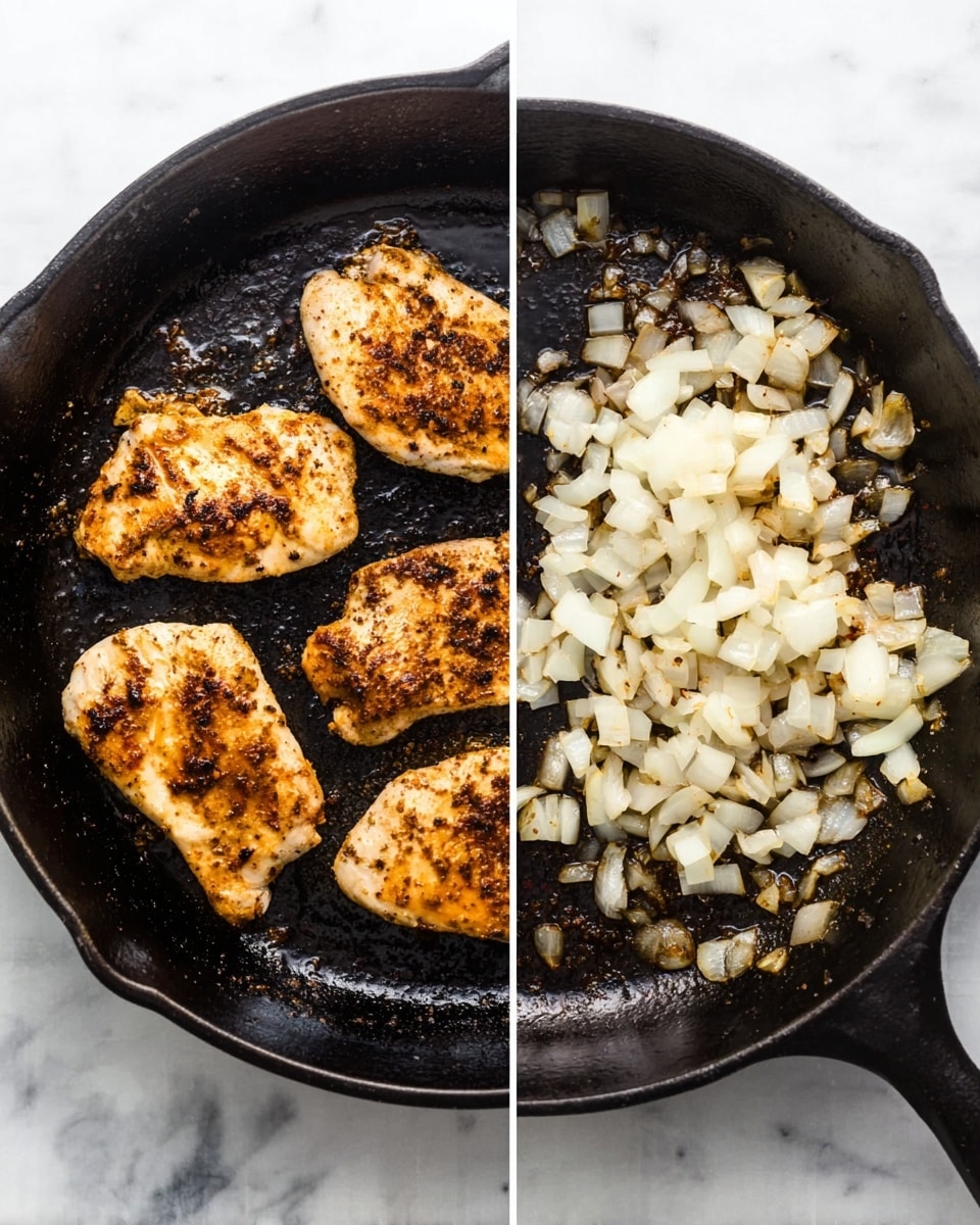 A black cast iron pan sits on a white marbled surface. On the left side of the image, the pan contains four seasoned chicken pieces with a golden brown color and some darker grilled spots. On the right side of the image, the same pan holds chopped white onions spread across the pan's black surface. The edges of the pan show some oil and browned bits. Photo taken with an iphone --ar 4:5 --v 7