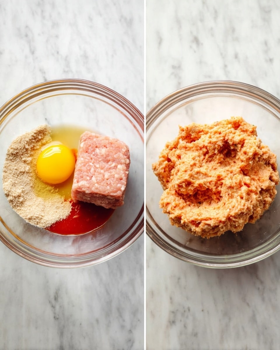 Two clear glass bowls sit on a white marbled surface. The bowl on the left has four layers: a block of raw light pink ground meat on the right, a light beige powder on the top left, a bright raw egg with a yellow yolk at the bottom left, and a pool of vibrant red sauce on the right edge of the meat. The bowl on the right shows the same ingredients mixed into one thick, textured pale orange paste with small bits visible. photo taken with an iphone --ar 4:5 --v 7