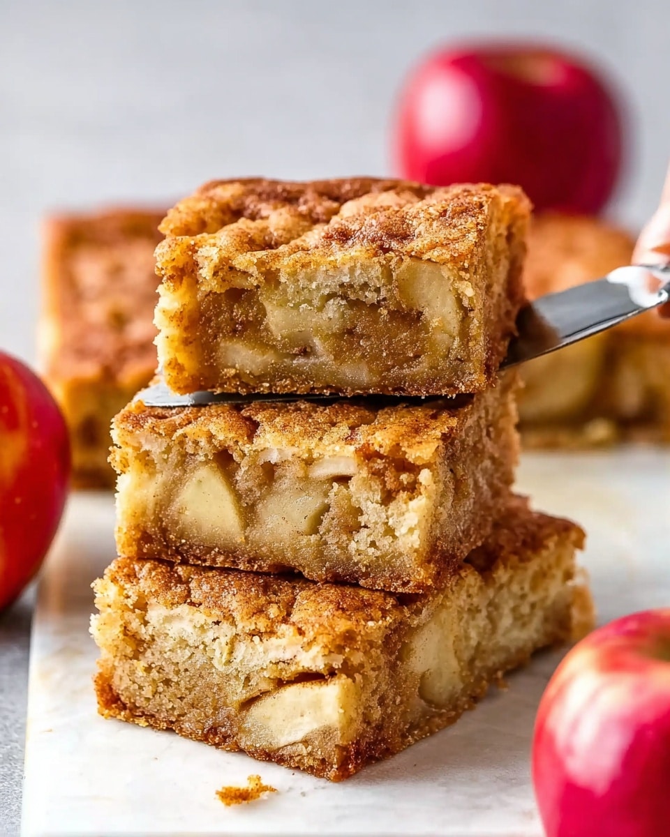 The image shows a stack of three thick rectangular apple cake pieces with a golden brown crust and visible chunks of apple inside. The top piece is slightly lifted by a knife held by a woman's hand, showing the soft texture inside. Two whole red apples sit blurred in the background on a white marbled surface, adding depth and color contrast. The cake pieces have slightly darker edges and a crumbly top layer, while the inside is lighter and moist with apple pieces scattered throughout. photo taken with an iphone --ar 4:5 --v 7