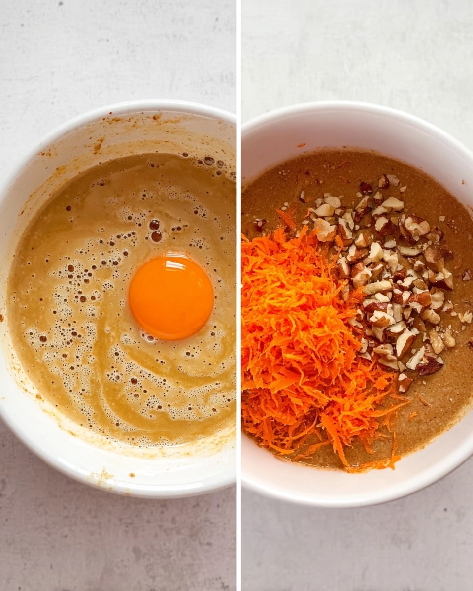 The first image shows a white bowl with a light brown liquid batter swirling inside, with an orange egg yolk visible in the center, surrounded by small bubbles on the surface. The second image shows a white bowl filled with thick brown batter, topped with bright orange shredded carrot piled on the right side and chopped nuts scattered on top of the batter and carrot, creating a textured contrast. The white marbled surface is faintly visible around the bowls. Photo taken with an iphone --ar 4:5 --v 7