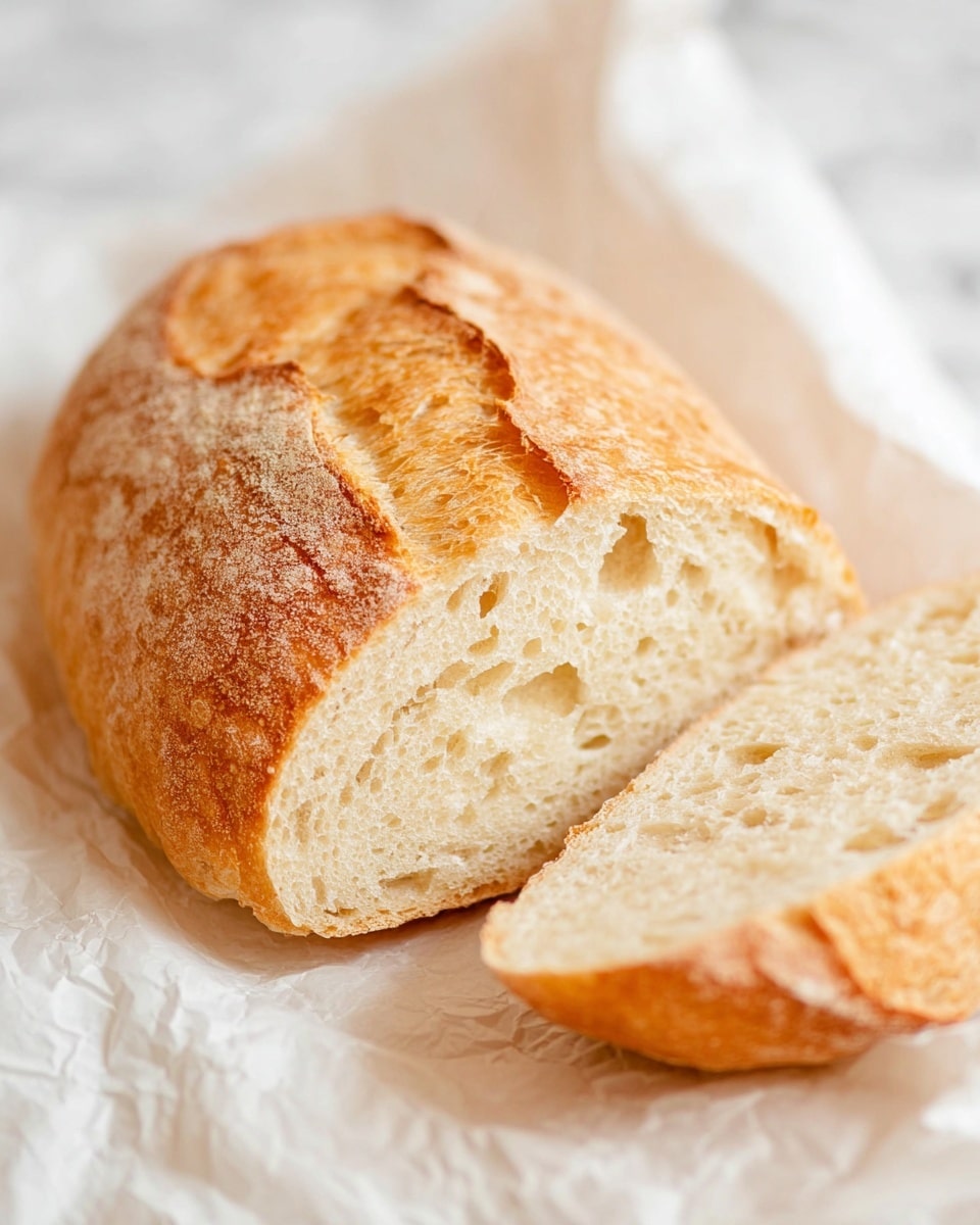 A close-up of a small loaf of bread sliced open to show its soft, light beige inside with small holes. The outside crust is golden brown with a slightly rough texture and a few light cracks. The loaf lays on a piece of white parchment paper which rests on a white marbled surface. The bread appears fresh and fluffy, with the slice leaning against the loaf on the right side, showing the contrast between the crust and soft interior. Photo taken with an iphone --ar 4:5 --v 7
