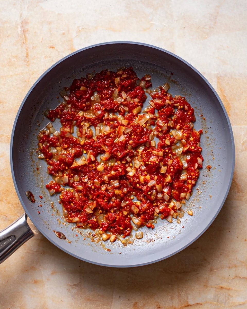 A gray frying pan sitting on a white marbled surface contains a single cooked layer of small chopped onions mixed with chunky red tomato sauce. The onions are soft and slightly browned, scattered evenly with the sauce that looks thick and textured with bits of crushed chili or seeds. The pan handle extends to the left side. The scene is lit well, showing the contrast between the soft onions and rich red sauce. photo taken with an iphone --ar 4:5 --v 7