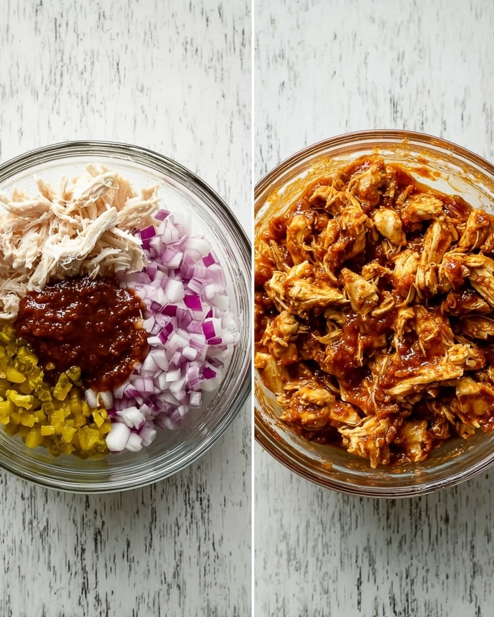 Two glass bowls sit side by side on a white marbled surface. The left bowl has four visible layers: chopped red onions in small purple and white pieces on the left, shredded white chicken pieces at the top, finely chopped yellow pickles at the top right, and a thick dark red sauce covering the bottom center. The right bowl shows the same ingredients mixed together, forming a chunky, textured blend of reddish-brown color with chicken pieces coated in the sauce throughout. photo taken with an iphone --ar 4:5 --v 7