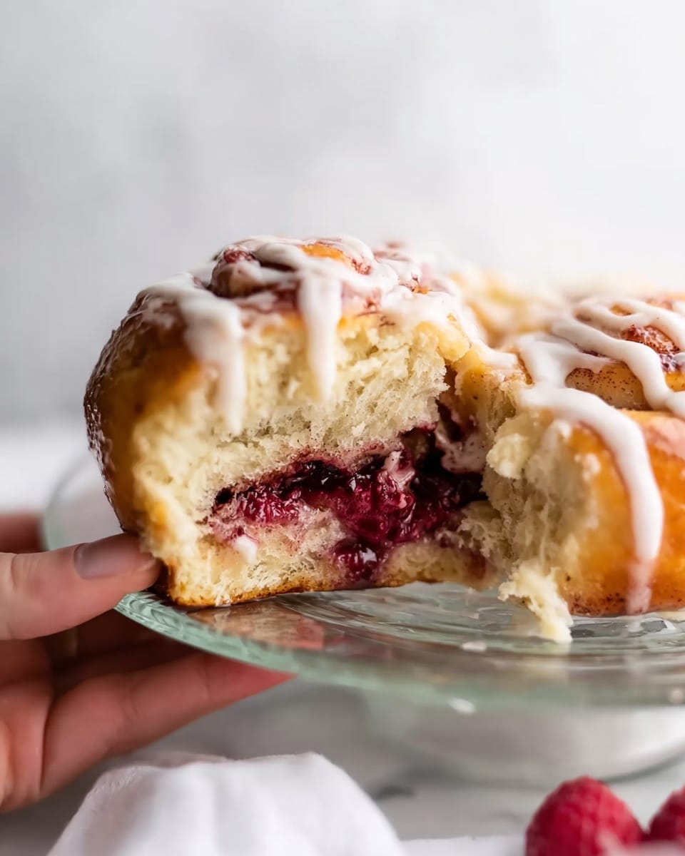 The image shows a sliced cinnamon roll with three visible layers: the soft, light golden brown dough on the outside, a thick layer of dark red berry filling in the middle, and a creamy white icing drizzled over the top and sides. The cinnamon roll rests on a clear glass plate which sits on a white marbled surface. A woman's hand is holding the glass plate gently from the right side. The background is simple and mostly white, making the colors of the cinnamon roll stand out. Photo taken with an iphone --ar 4:5 --v 7