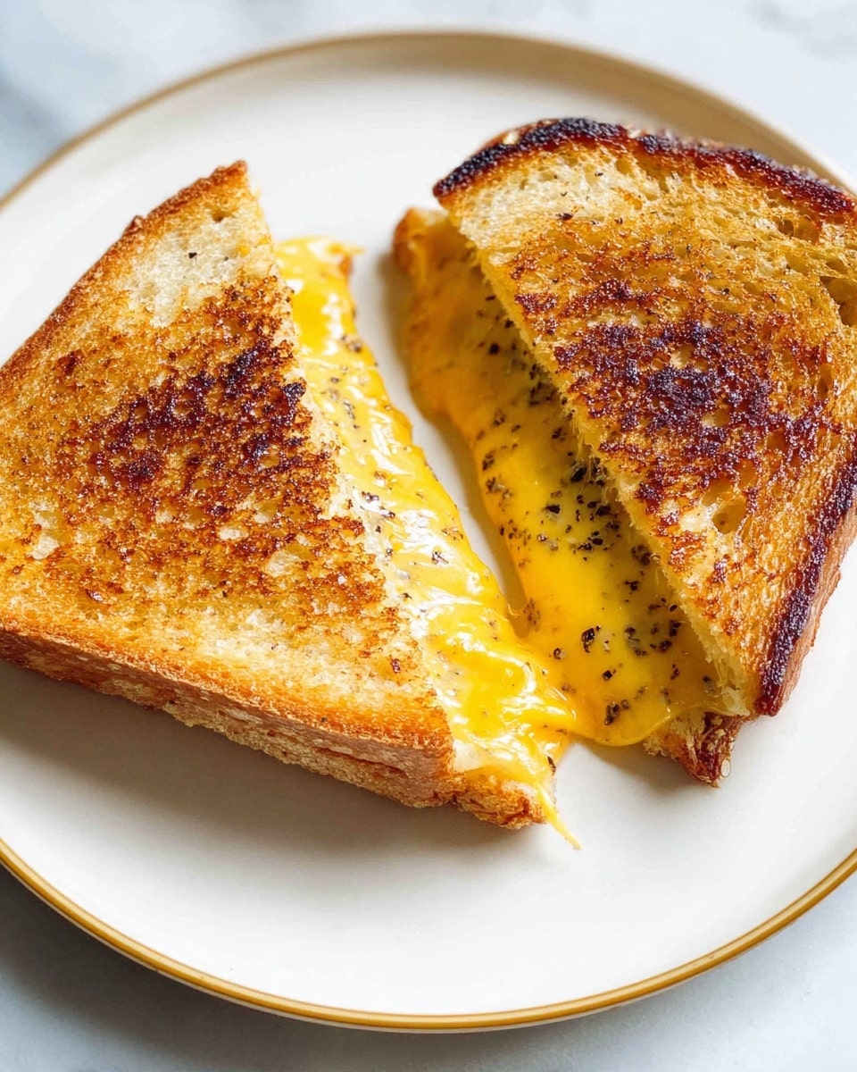 A grilled cheese sandwich cut in half diagonally sits on a white plate with a thin gold rim, placed on a white marbled surface. Each half shows one thick golden brown toasted bread slice as the outer layer, with a shiny, smooth melted yellow cheese layer oozing slightly out from the warm sandwich center, speckled with bits of black seasoning. The bread texture is crisp and slightly rough with visible toasting marks and bubbles. The two halves are positioned close but not touching, with the cheese filling clearly visible in between. photo taken with an iphone --ar 4:5 --v 7