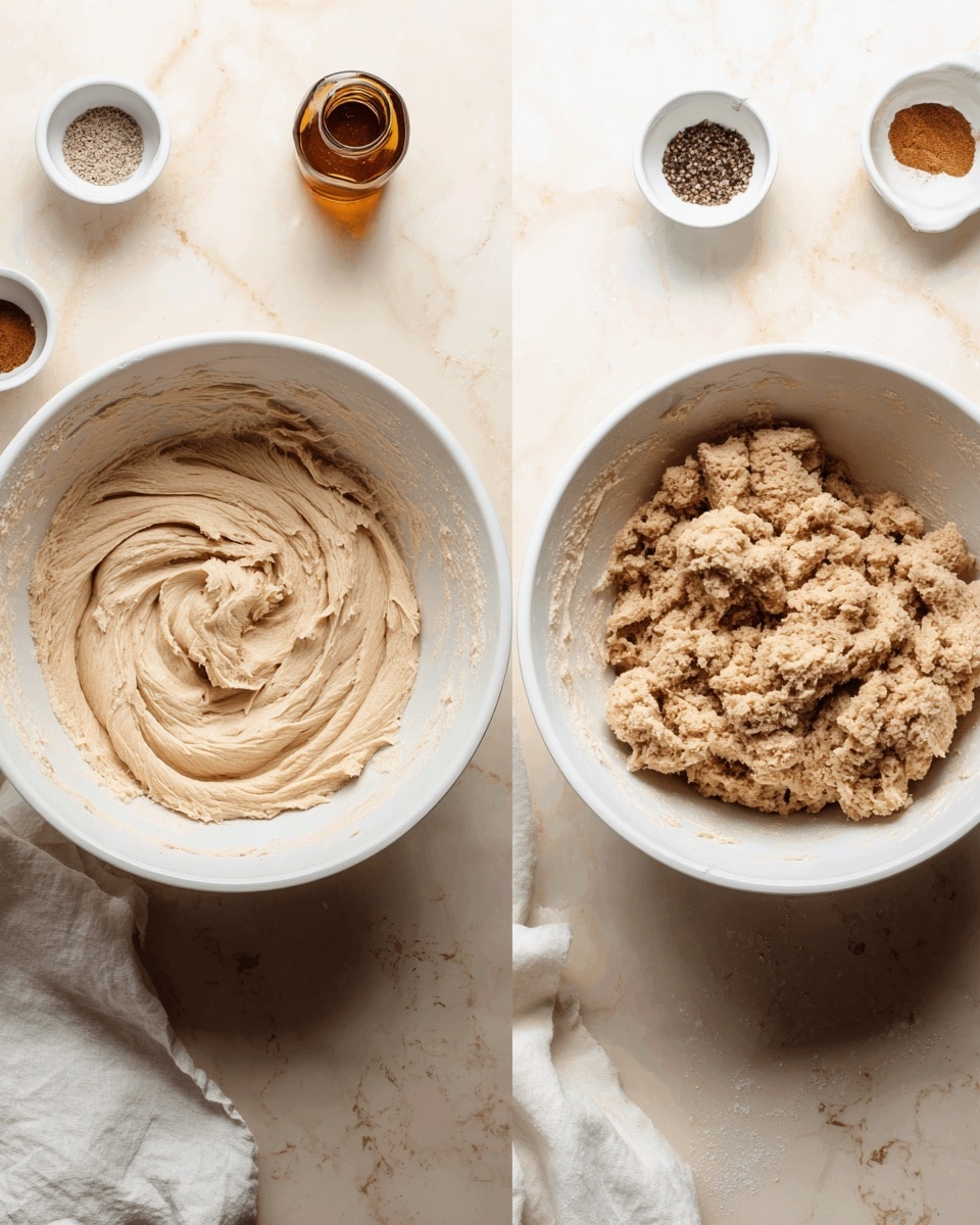 The image shows two white bowls on a white marbled surface, each with a different dough mixture inside. The left bowl contains a smooth, creamy light beige dough with soft peaks and swirls from mixing. The right bowl has a crumbly dough of a similar light brown color, with larger clumps and a rough texture. Around the bowls, there are small white dishes with spices and a small amber bottle, along with a white cloth partially visible on the left side. photo taken with an iphone --ar 4:5 --v 7