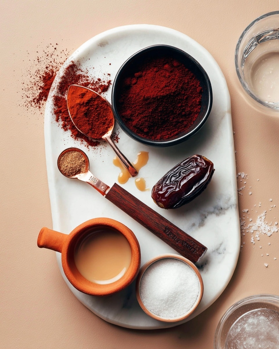 A white oval plate on a white marbled surface holds several ingredients. In the center is a black bowl filled with dark red cocoa powder. Above it, to the right, sits a rich brown wooden measuring spoon with a copper scoop containing a liquid, resting across the plate. To the right of the black bowl is a dark brown wrinkled date. Below the date, an orange-brown clay cup with a beige creamy liquid spills a small drop on the plate. To the left of this cup, a white ceramic spoon holds ground cinnamon with a small pile spilled on the plate. Above this spoon is a black spoon with coarse white salt. Surrounding the plate on the marbled surface are three bowls: one reddish-brown with white powder, one cream-colored with white sugar, and a clear glass of water on the right edge. photo taken with an iphone --ar 4:5 --v 7