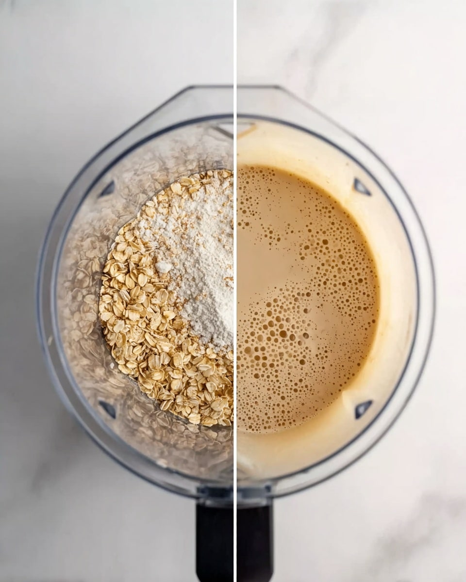 The image is split into two parts showing a clear blender container from above. On the left side, inside the blender there is a mixture of light brown whole oats with some white powder on top. On the right side, the mixture has changed into a smooth, thick, light beige liquid with small bubbles on the surface. The blender container is placed on a white marbled surface. Photo taken with an iphone --ar 4:5 --v 7