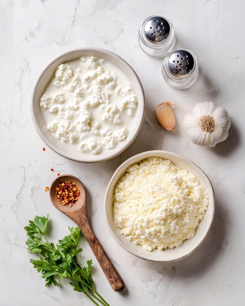 A white bowl filled with creamy cottage cheese showing small curds and a smooth texture sits near the top left of the image, while below it is another white bowl containing a pale yellow powdery cheese with a slightly crumbly texture. To the right are two clear salt and pepper shakers, a whole garlic bulb with two cloves peeled beside it, a wooden spoon holding red pepper flakes, and a small bunch of fresh green parsley. The entire arrangement rests on a white marbled surface, photo taken with an iphone --ar 4:5 --v 7