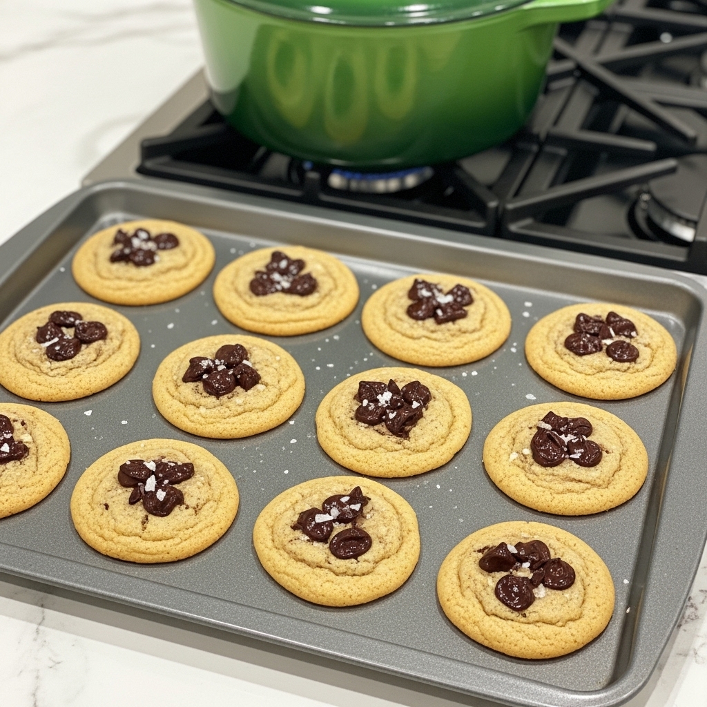 There is a grey baking tray filled with twelve round, flat cookies arranged in a loose 4 by 3 pattern on a white marbled surface. Each cookie is golden brown with a slightly darker center scattered with small dark chocolate pieces and topped with small white flakes that look like sea salt. The cookies have a slightly uneven edge and a soft, smooth texture. In the background, there is a large green pot with a lid on a stove with black burners. photo taken with an iphone --ar 4:5 --v 7