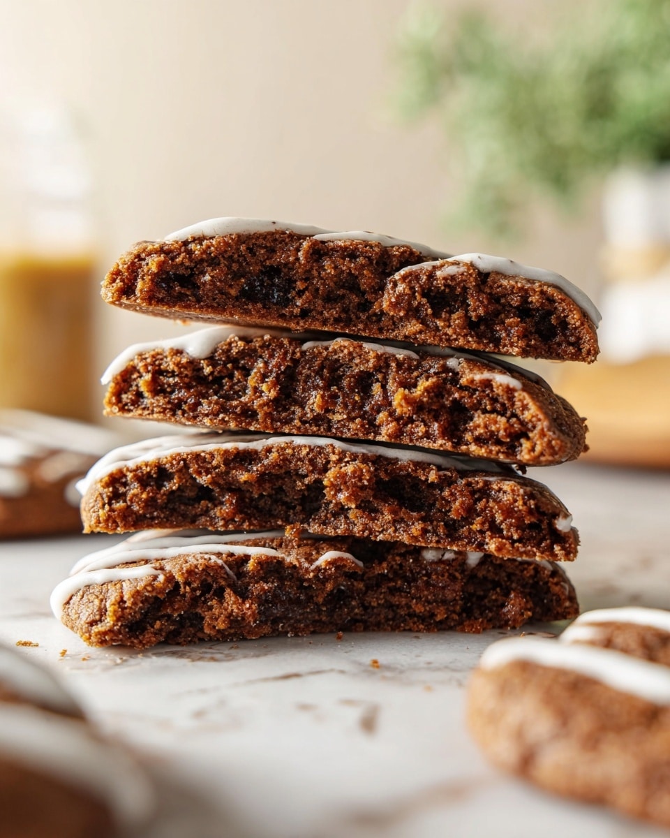 The image shows a close-up of four stacked cookie halves on a white marbled surface. Each cookie is thick with a rich brown color and a slightly chewy texture, with visible small chunks inside. The edges are slightly rough and the top of the cookies has a light drizzle of white icing, adding a subtle contrast to the darker cookie layers. The background is softly blurred with hints of natural light and out-of-focus greenery, giving a fresh and cozy feel. Photo taken with an iphone --ar 4:5 --v 7