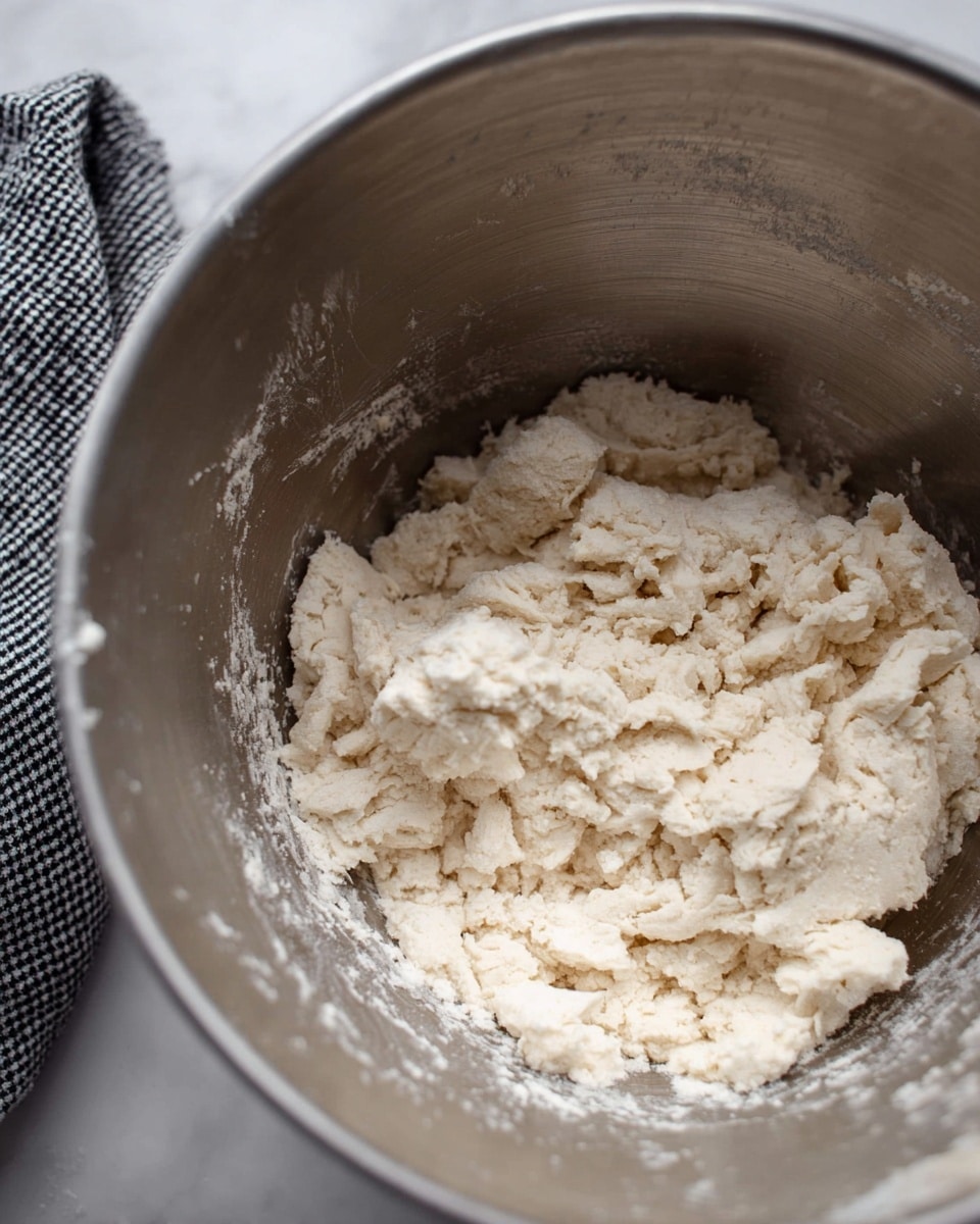 A close-up image shows a silver mixing bowl filled halfway with uneven chunks of pale, crumbly dough that has a dry texture. The dough is off-white with small cracks and crumbles, resting inside the bowl which has subtle scratch marks inside. The bowl is placed on a white marbled surface, and the corner of a black and white checkered cloth is visible in the upper left background. The overall lighting is soft and natural, highlighting the texture of the dough and metal bowl. photo taken with an iphone --ar 4:5 --v 7