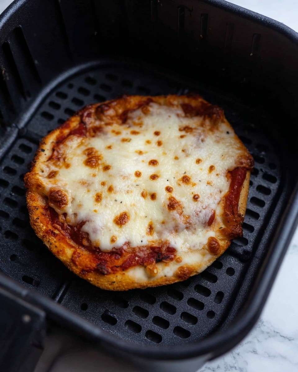 A small pizza with one visible layer of light golden crust that is slightly thick and uneven in shape, topped with a thick layer of melted cheese that is mostly white with some browned and bubbly spots, placed inside a black air fryer basket with a textured grid pattern. The background is a white marbled texture. photo taken with an iphone --ar 4:5 --v 7