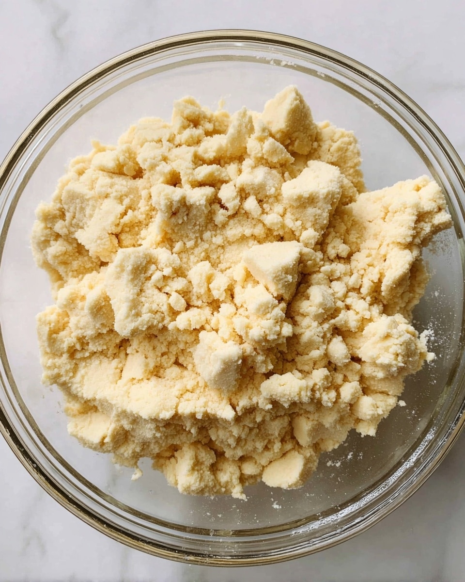 A clear glass bowl filled with crumbly dough that looks soft and pale yellow with some larger and smaller clumps mixed together, placed on a white marbled surface photo taken with an iphone --ar 4:5 --v 7