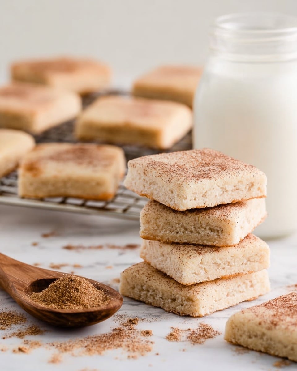 The image shows several square-shaped cookies stacked and spread out on a white marbled surface. The cookies are light golden in color with a soft texture and have a visible layer of cinnamon sugar sprinkled on top. In the foreground, three cookies are stacked on top of each other, highlighting their thickness and soft crumb. To the left, a wooden spoon filled with cinnamon sugar rests on the white marbled surface, with some cinnamon sugar scattered around it. In the background, more cookies are placed on a metal cooling rack, and a glass jar filled with milk is slightly blurred, adding a cozy and inviting atmosphere. Photo taken with an iphone --ar 4:5 --v 7
