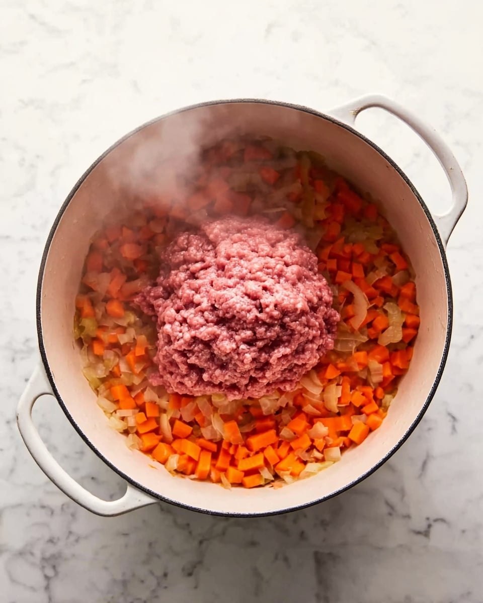 A white pot with two side handles sits on a white marbled surface, filled with finely diced orange carrots and light yellow onions spread evenly at the bottom. In the center, a clump of raw pink ground meat rests on top of the vegetables, showing soft ridges and texture. Light steam rises gently from the mixture, creating a warm, cooking atmosphere. photo taken with an iphone --ar 4:5 --v 7