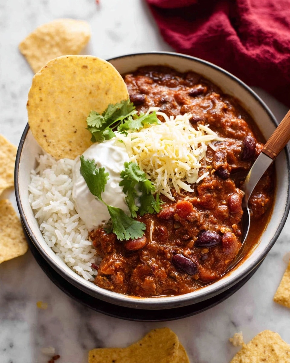 A white bowl filled with three main layers: the bottom layer is white rice with a soft and grainy texture, the middle layer is a thick, reddish-brown chili mix with visible black beans and small bits of vegetables, and the top layer has a dollop of white cream, a small pile of shredded pale yellow cheese, and a few sprigs of fresh green cilantro. On one side of the bowl, a round, light golden tortilla chip is dipped into the chili. The bowl is placed on a white marbled surface with some scattered tortilla chips and a soft red cloth in the background. A wooden spoon rests inside the bowl, partially covered by the chili photo taken with an iphone --ar 4:5 --v 7