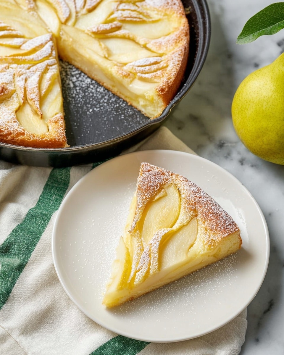 A single triangular slice of soft yellow cake is placed on a white plate, topped with thin, slightly curved slices of light yellow fruit arranged in a fan-like pattern. The slice is sprinkled with a dusting of white powder, giving a delicate finish. Behind the plate, a round black pan holds the remaining cake, showing a golden brown crust and a similar pattern of fruit slices on top. The scene is set on a white marbled surface with a green-striped white cloth partially under the pan. A yellow-green pear is placed to the side, adding a fresh touch. photo taken with an iphone --ar 4:5 --v 7