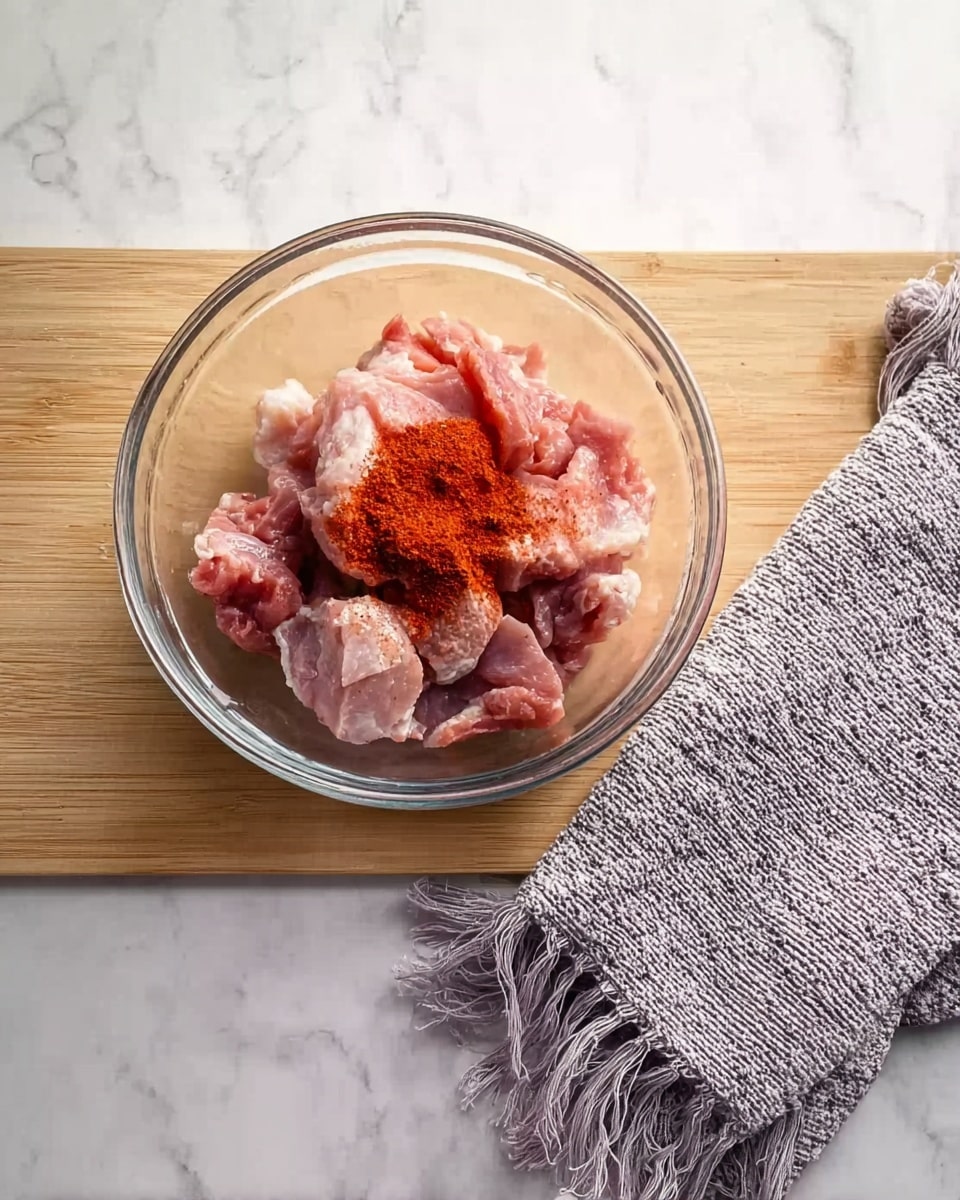 A clear glass bowl sits on a white marbled surface, filled with raw pink pieces of meat piled loosely inside. On top of the meat, there is a small mound of bright red spice powder. To the right of the bowl, a folded gray textured cloth with fringed ends rests on the surface. The scene is brightly lit, showing the fresh color of the ingredients clearly. photo taken with an iphone --ar 4:5 --v 7