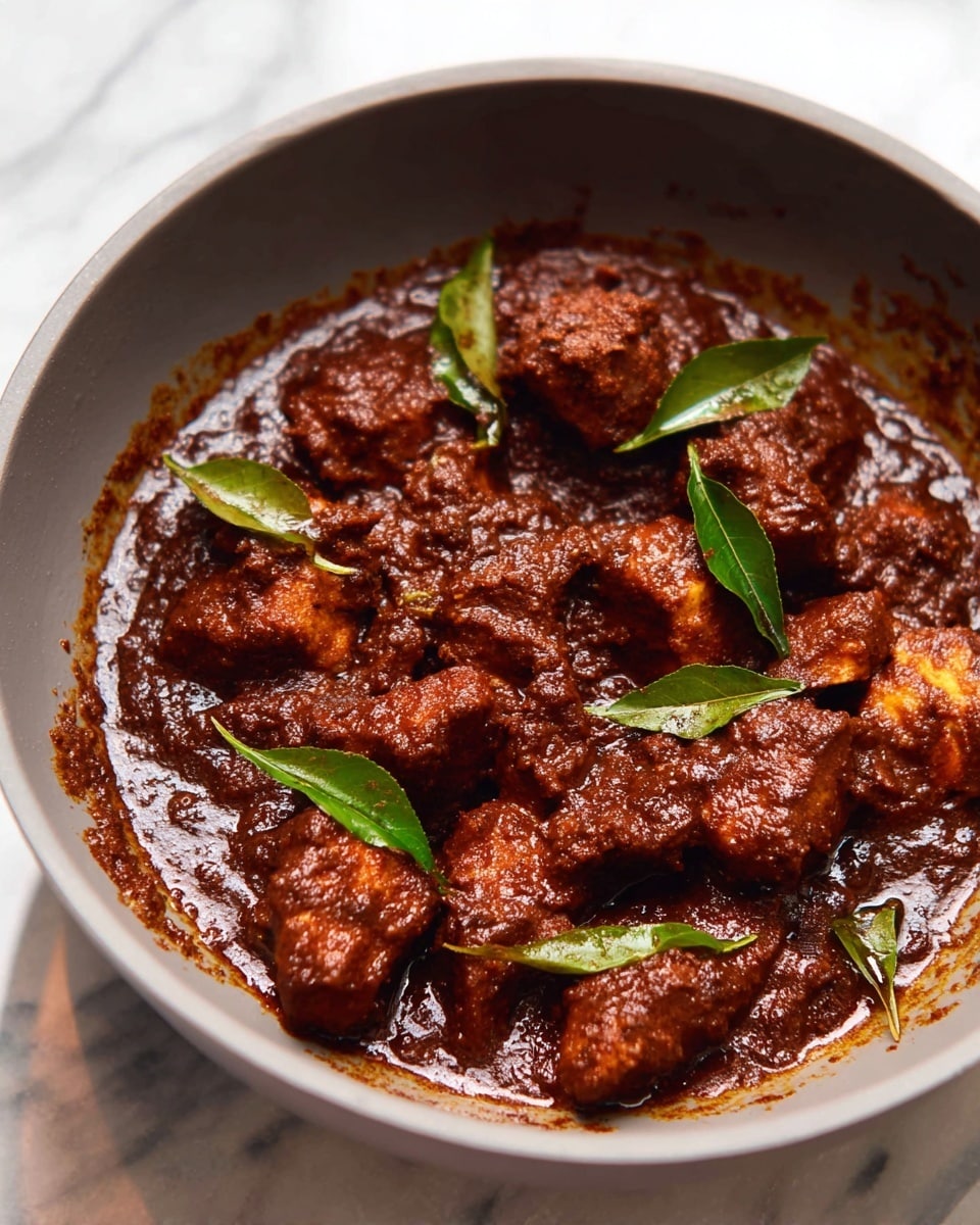 The image shows a gray bowl filled with deep brown, thick sauce covering multiple chunks of cooked meat. The meat pieces are evenly coated with the sauce and topped with bright green curry leaves scattered on the surface. The inside rim of the bowl has specks of sauce splattered around. The bowl sits on a white marbled surface, and the light highlights the rich texture and color contrast between the dark sauce and the vivid green leaves. photo taken with an iphone --ar 4:5 --v 7