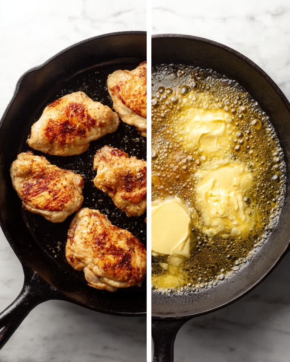 The left side of the image shows four pieces of light golden-brown chicken cooking in a black cast iron skillet, with a slightly crispy texture on the surface and some darker spots. On the right side, the same black cast iron skillet holds melted butter with a dollop of pale yellow creamy sauce melting and mixing in the bubbling butter. Both skillets are placed on a white marbled surface. Photo taken with an iphone --ar 4:5 --v 7