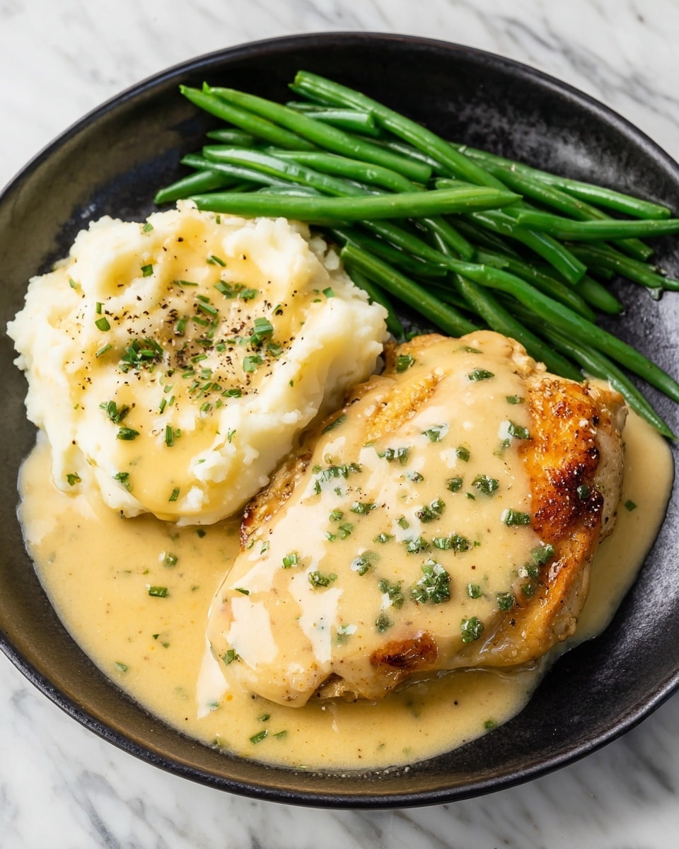 A dark round plate holds three main parts: on the right, a golden brown chicken piece covered with creamy light yellow gravy topped with small green herb bits; to the left of the chicken, a mound of smooth white mashed potatoes also coated with the same light yellow gravy and sprinkled with green herbs and black pepper specks; at the top left of the plate, a neat pile of long, bright green steamed green beans. The plate is set on a white marbled surface. photo taken with an iphone --ar 4:5 --v 7