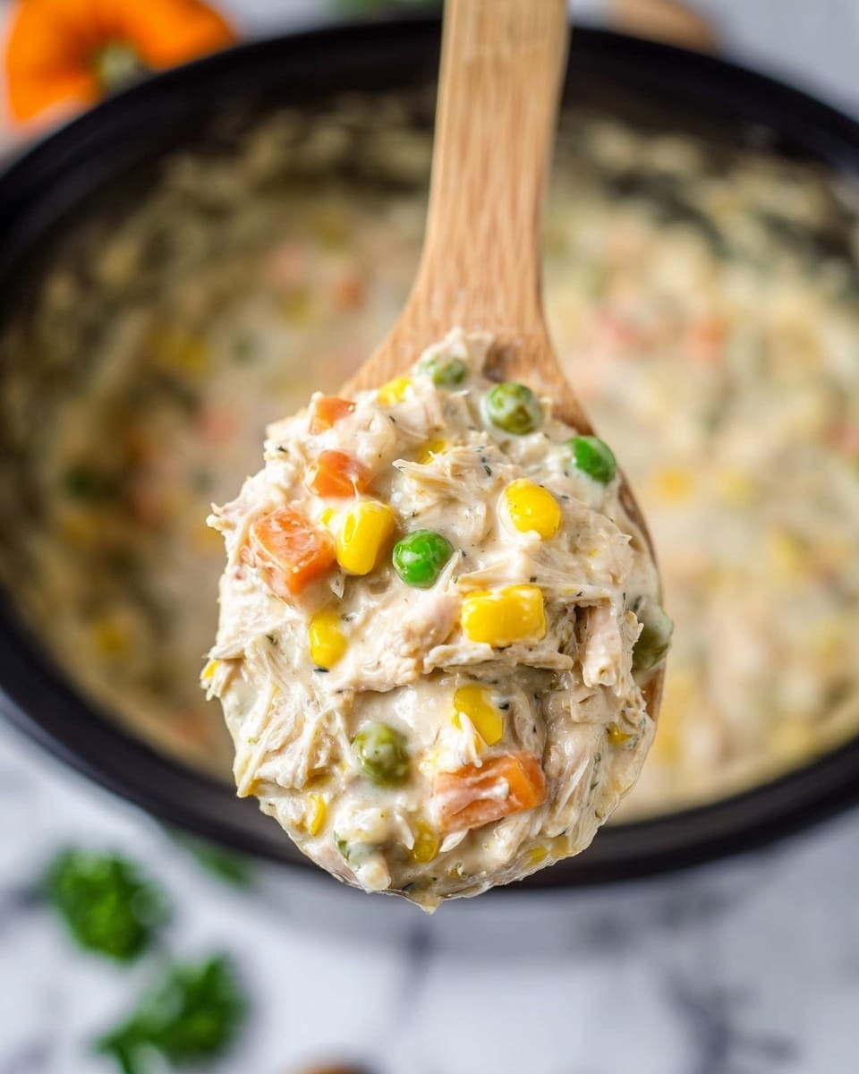 A wooden spoon holds a thick creamy mixture with visible layers of light beige shredded meat and soft sauce. Scattered throughout the spoonful are bright yellow corn kernels, green peas, and small orange carrot cubes, adding pops of color. The background is a close view of a black pot filled with the same creamy, chunky mixture. The surface beneath is a white marbled texture with faint green leaves and an orange blurry object in the far background. photo taken with an iphone --ar 4:5 --v 7