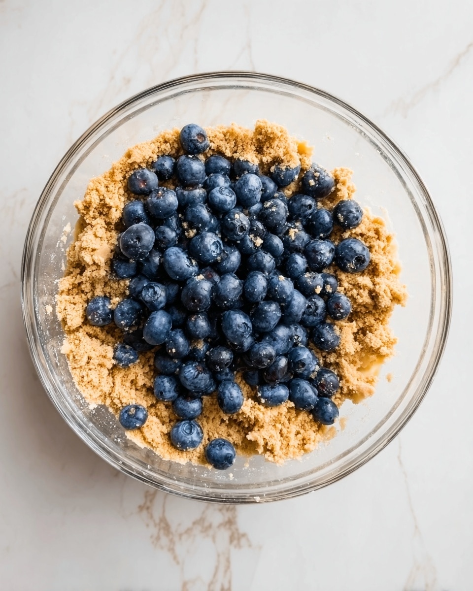 A clear glass bowl sits on a white marbled surface, filled with two main layers: a crumbly light brown dough base and a top layer of fresh, plump blueberries scattered unevenly over the dough. The dough has a coarse texture, and the blueberries add a round, shiny contrast with their deep blue color. photo taken with an iphone --ar 4:5 --v 7
