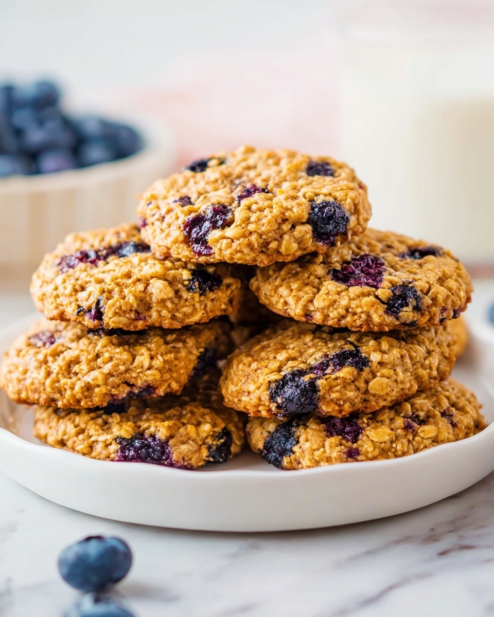 A white plate holds a pile of seven oatmeal cookies with visible blueberries baked inside. The cookies have a rough, grainy texture with a golden-brown color and dark blue-purple blueberry spots scattered throughout. The plate is placed on a white marbled surface, with some blueberries and a glass of milk blurred softly in the background. The overall look is bright and inviting, showing the cookies stacked close together, slightly uneven in shape, displaying their homemade, rustic appeal. Photo taken with an iphone --ar 4:5 --v 7