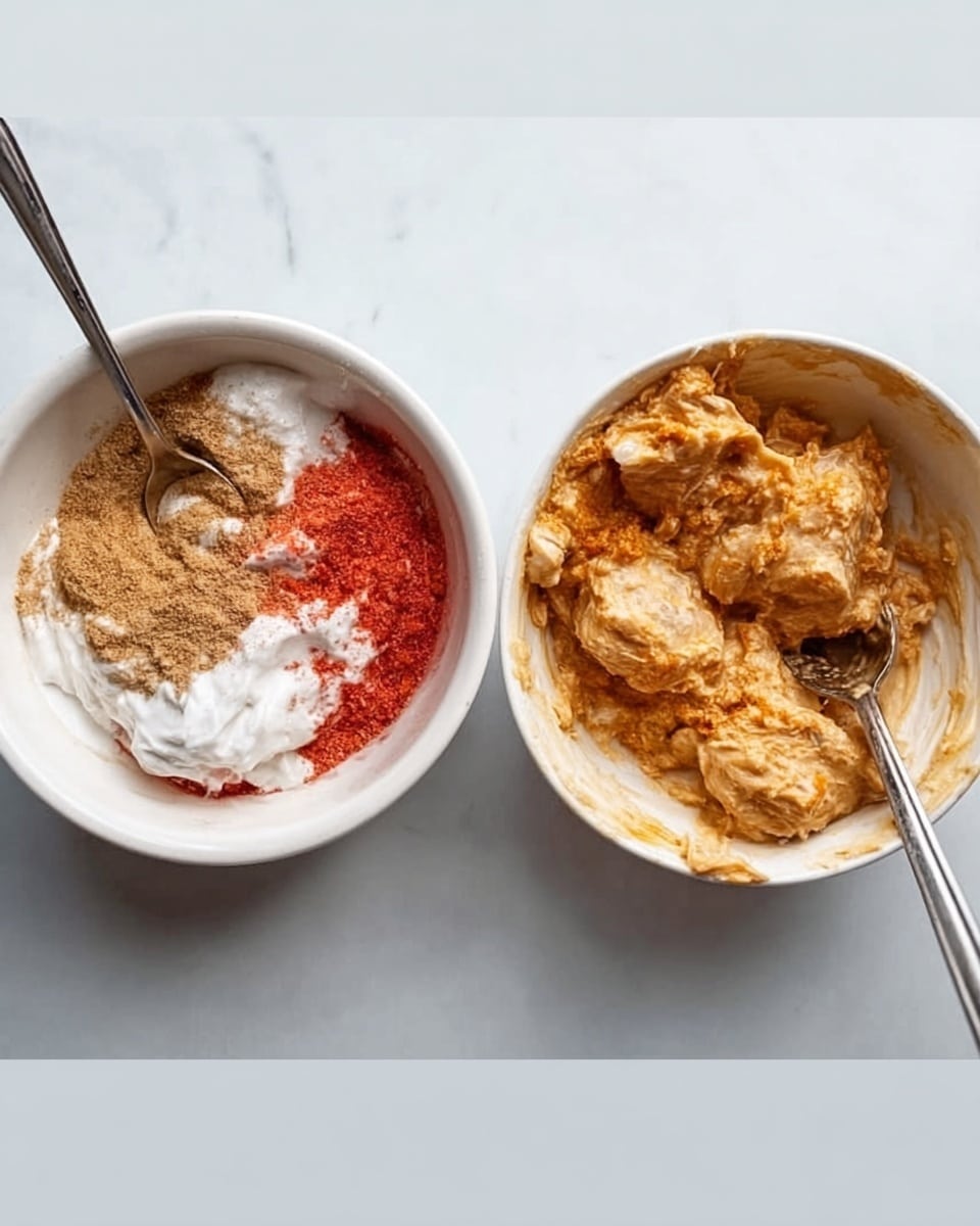 The image shows two white bowls placed side by side on a white marbled surface. The left bowl contains several layers of ingredients: a spoonful of white cream at the bottom, topped with light brown powder, bright red powder, and some crushed element, all visibly separated. A silver spoon rests inside this left bowl. The right bowl shows a mix of all ingredients thoroughly combined into a creamy, light brown mixture with some chunks, and a silver spoon is also inside this bowl. Photo taken with an iphone --ar 4:5 --v 7