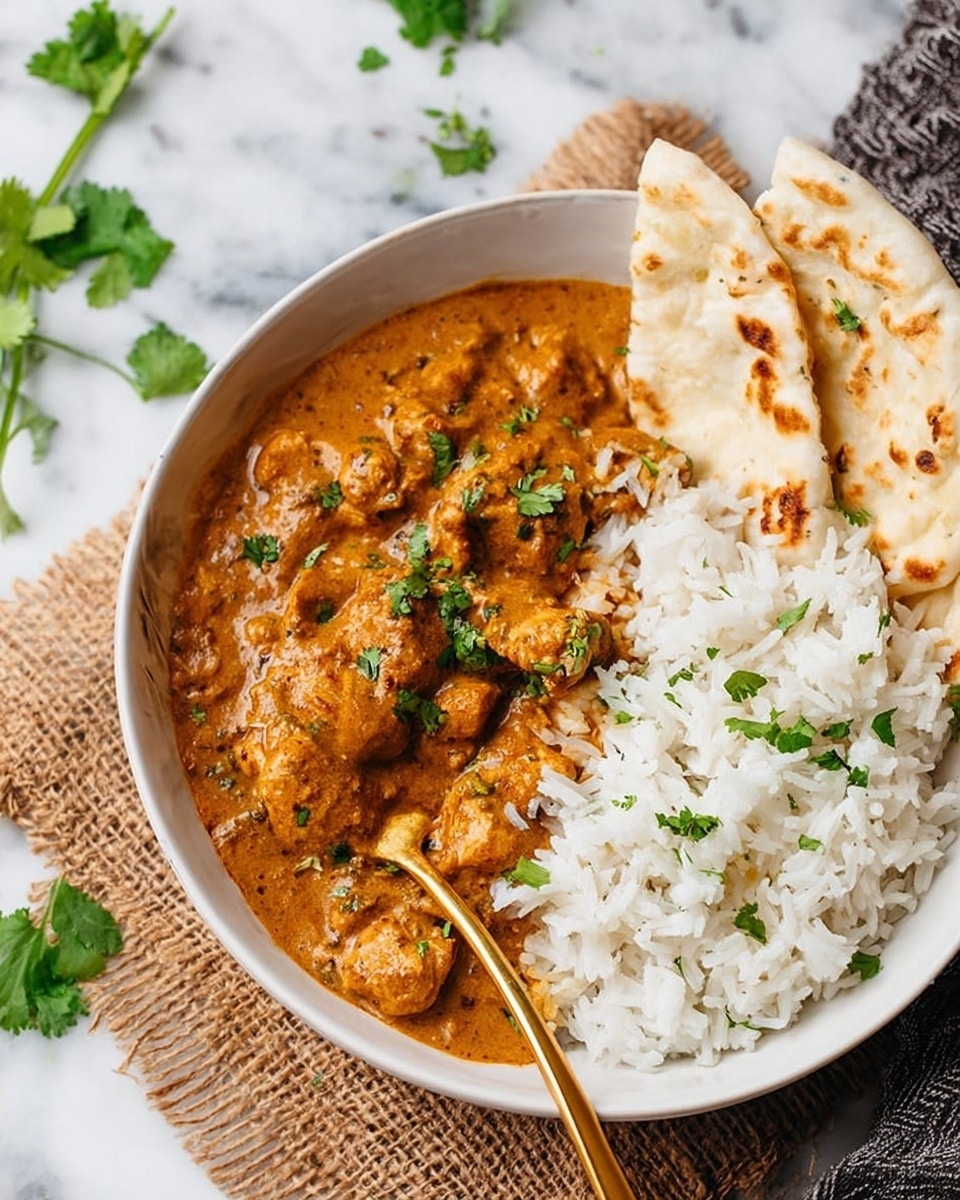 A white bowl filled with two main layers: on the left side, a thick orange-brown curry with tender chunks of chicken garnished with small green cilantro leaves, and on the right side, fluffy white rice. Two folded pieces of flatbread rest on the rice side, adding a light beige color to the dish. A golden spoon lies partially inside the curry, with a sprig of cilantro placed on the edge of the bowl. The bowl is set on a piece of burlap cloth over a white marbled surface, with some scattered cilantro leaves nearby. Photo taken with an iphone --ar 4:5 --v 7