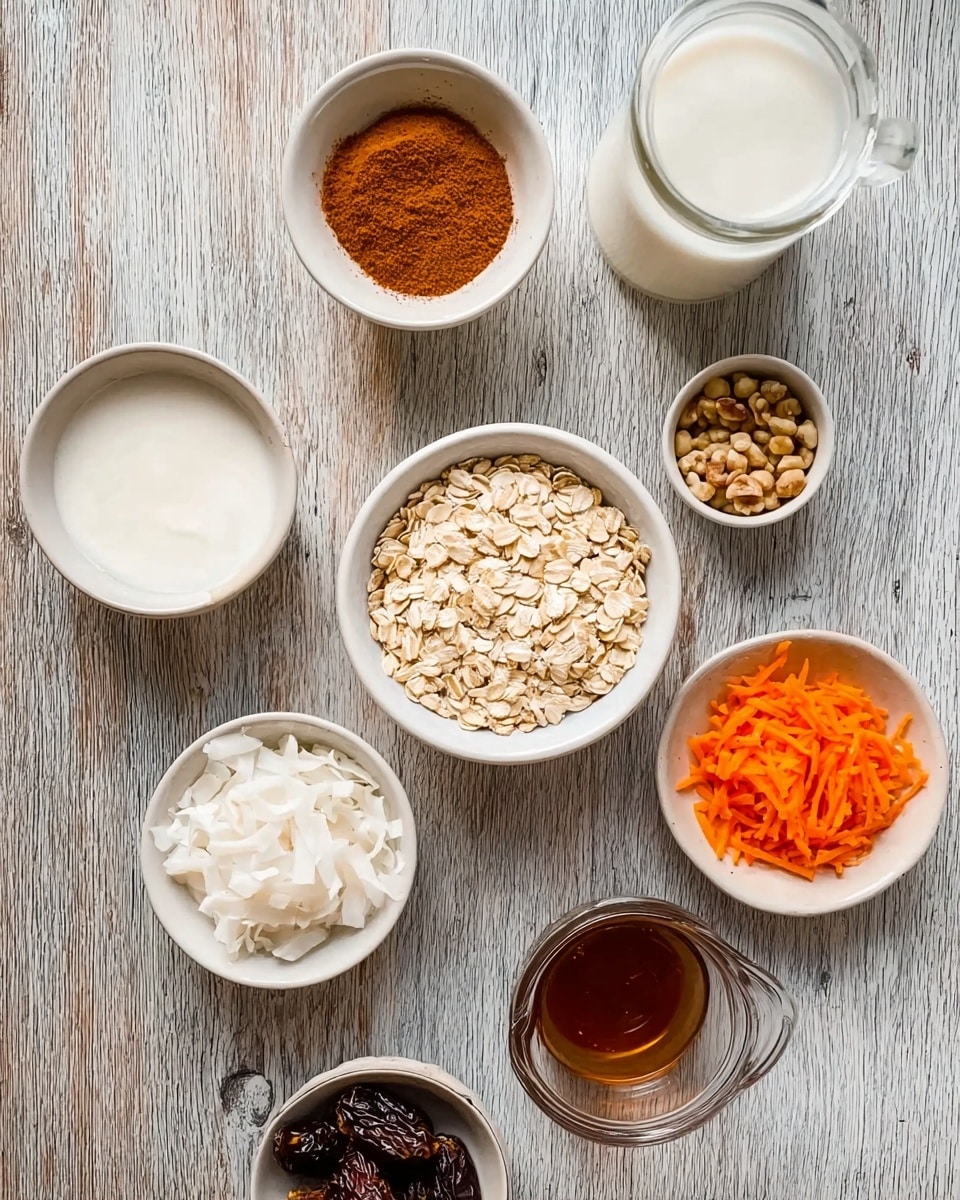 The image shows a white marble surface with seven small white bowls and a glass jug arranged loosely on it. The center bowl is filled with uncooked oats, light beige and flaked in texture. Above it is a bowl with fine cinnamon powder, reddish-brown in color. To the right is a bowl with bright orange shredded carrots, thin and textured. Below the oats, there is a small bowl filled with light coconut flakes, flaky and white. To the left of the oats is a bowl with small chopped nuts, light brown and uneven in shape, and another bowl with chopped dark brown dates. Near the bottom of the image, next to the oats, is a small glass with a dark amber syrup, smooth and reflective. To the far right, a clear glass jug is half full with white milk, smooth and liquid, next to a clear glass of white yogurt. photo taken with an iphone --ar 4:5 --v 7