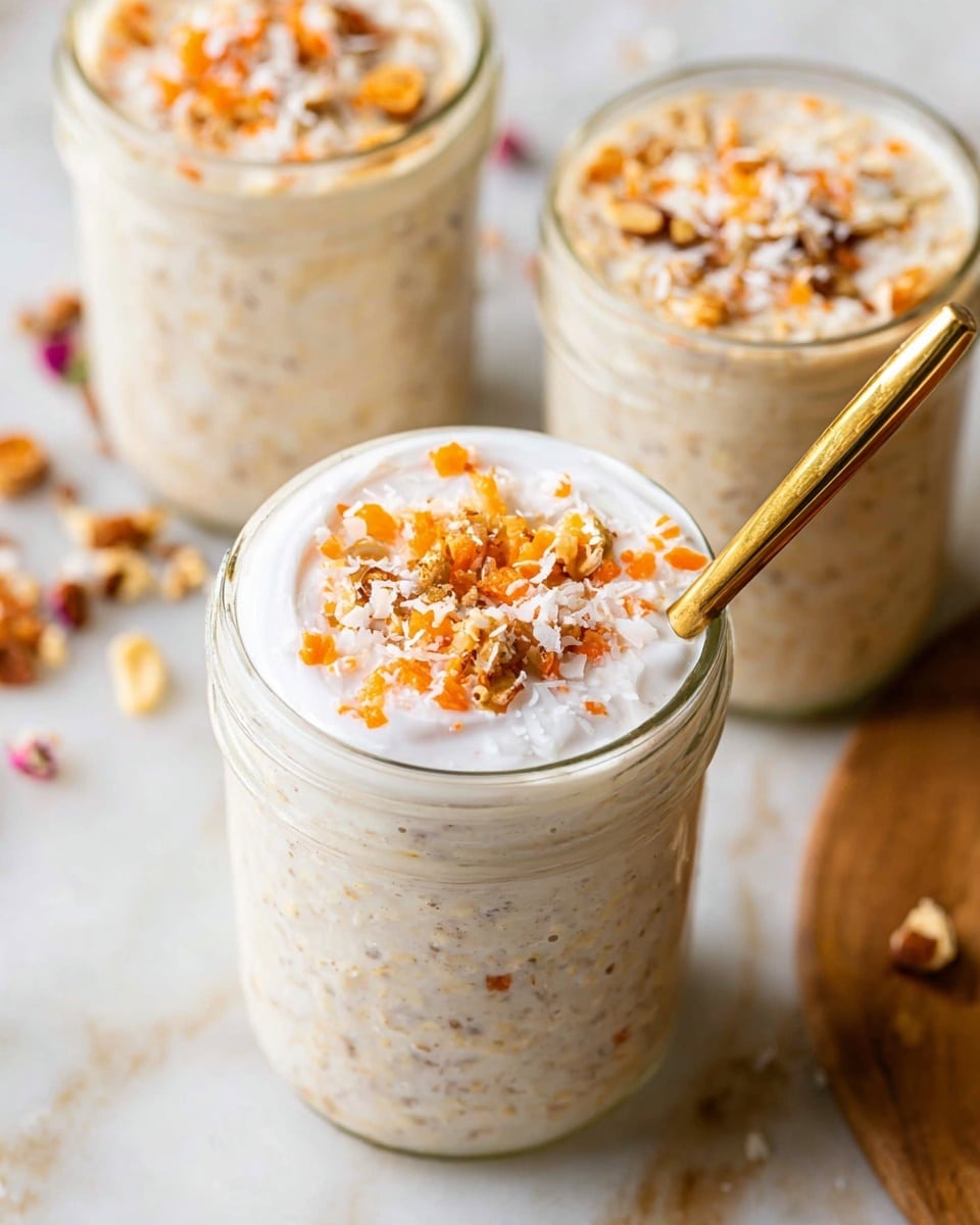 The image shows three clear glass jars filled with a creamy oatmeal mixture that looks thick and soft with small bits of oats visible inside. The jar in the front is topped with a layer of white creamy yogurt swirled lightly on the surface, sprinkled with small orange carrot pieces, light brown chopped nuts, and white shredded coconut. A gold spoon sticks into this jar from the right side. The other two jars are slightly blurred in the background but have the same creamy oatmeal texture with similar toppings. The jars sit closely together on a white marbled surface with scattered small pieces of nuts and carrot around them. Photo taken with an iphone --ar 4:5 --v 7