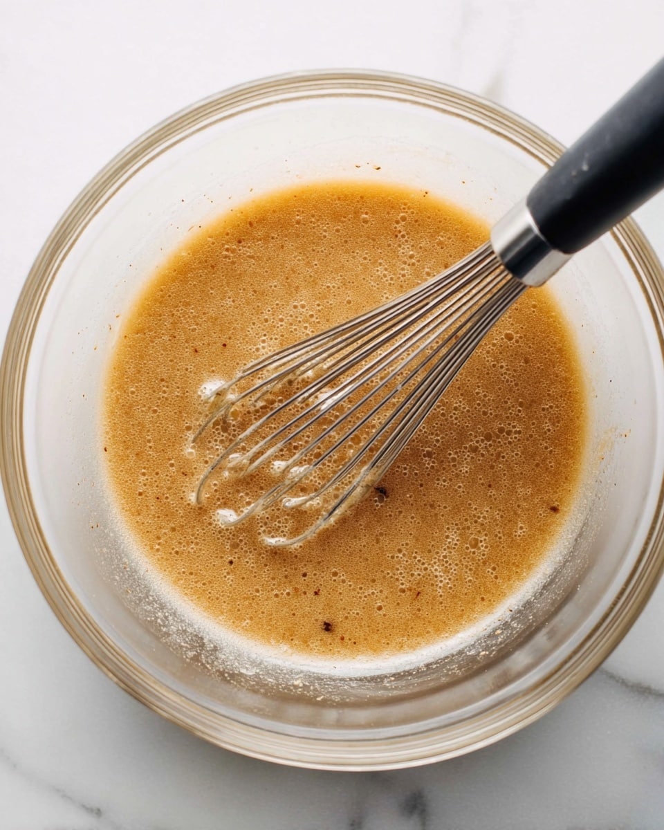 A clear glass bowl filled with a smooth, light brown mixture that has tiny specks of darker brown throughout, showing a slightly thick but liquid texture. A metal whisk with a black handle is partially dipped into the mixture, resting near the center of the bowl. The bowl sits on a white marbled surface, and the lighting highlights the gloss and small bubbles on the mixture's surface. photo taken with an iphone --ar 4:5 --v 7