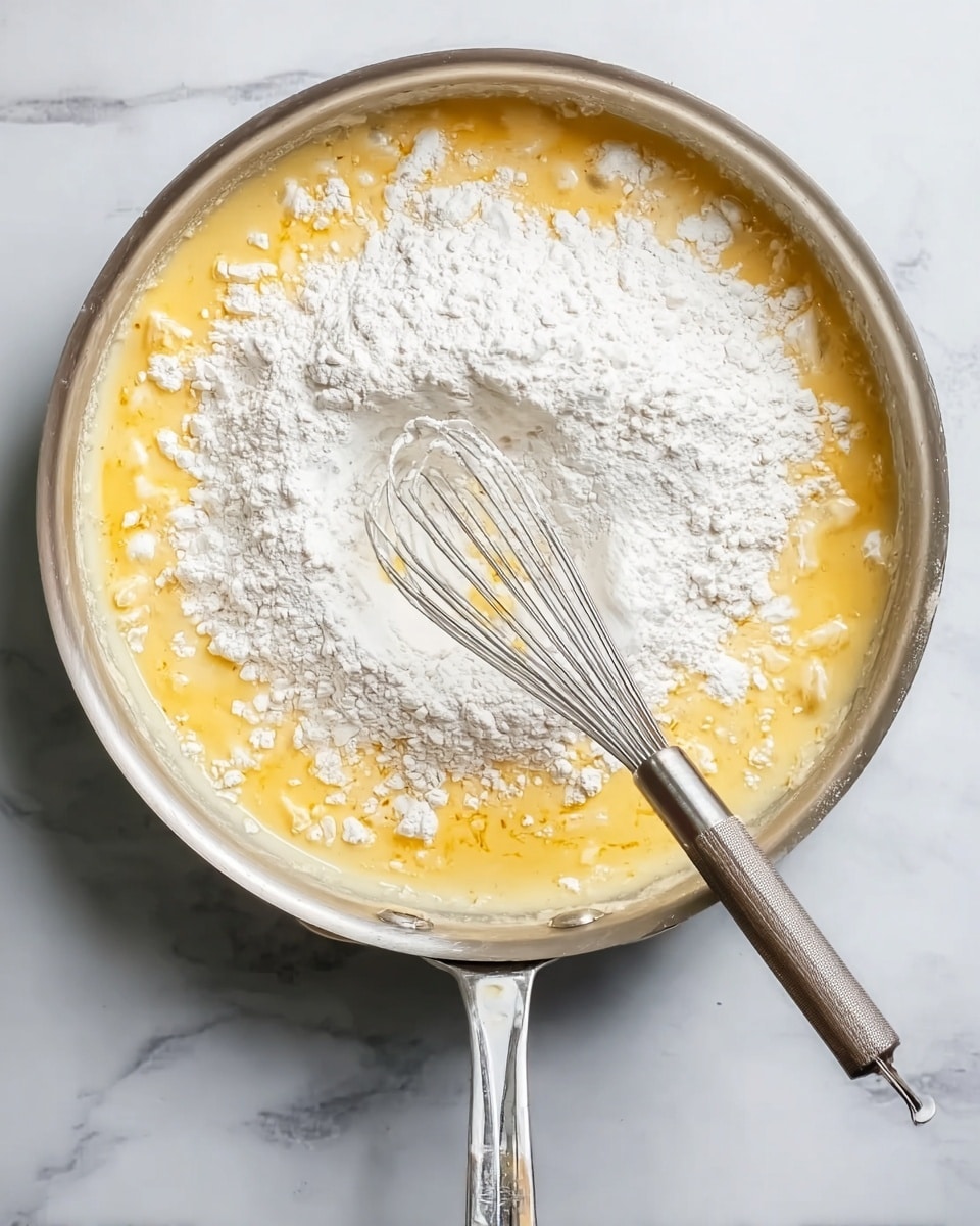 The image shows a top view of a shiny silver pan placed on a white marbled surface. Inside the pan, there is a mixture consisting of a yellow liquid base topped with a large mound of white flour or powdered ingredient, slightly uneven and spread across the center. A whisk with a shiny silver handle is partially submerged in the mixture, positioned slightly to the right of the center, and appears to be stirring the ingredients together. The pan’s left handle is visible, resting on the marble surface. The lighting is bright, highlighting the creamy texture and powder details clearly. photo taken with an iphone --ar 4:5 --v 7