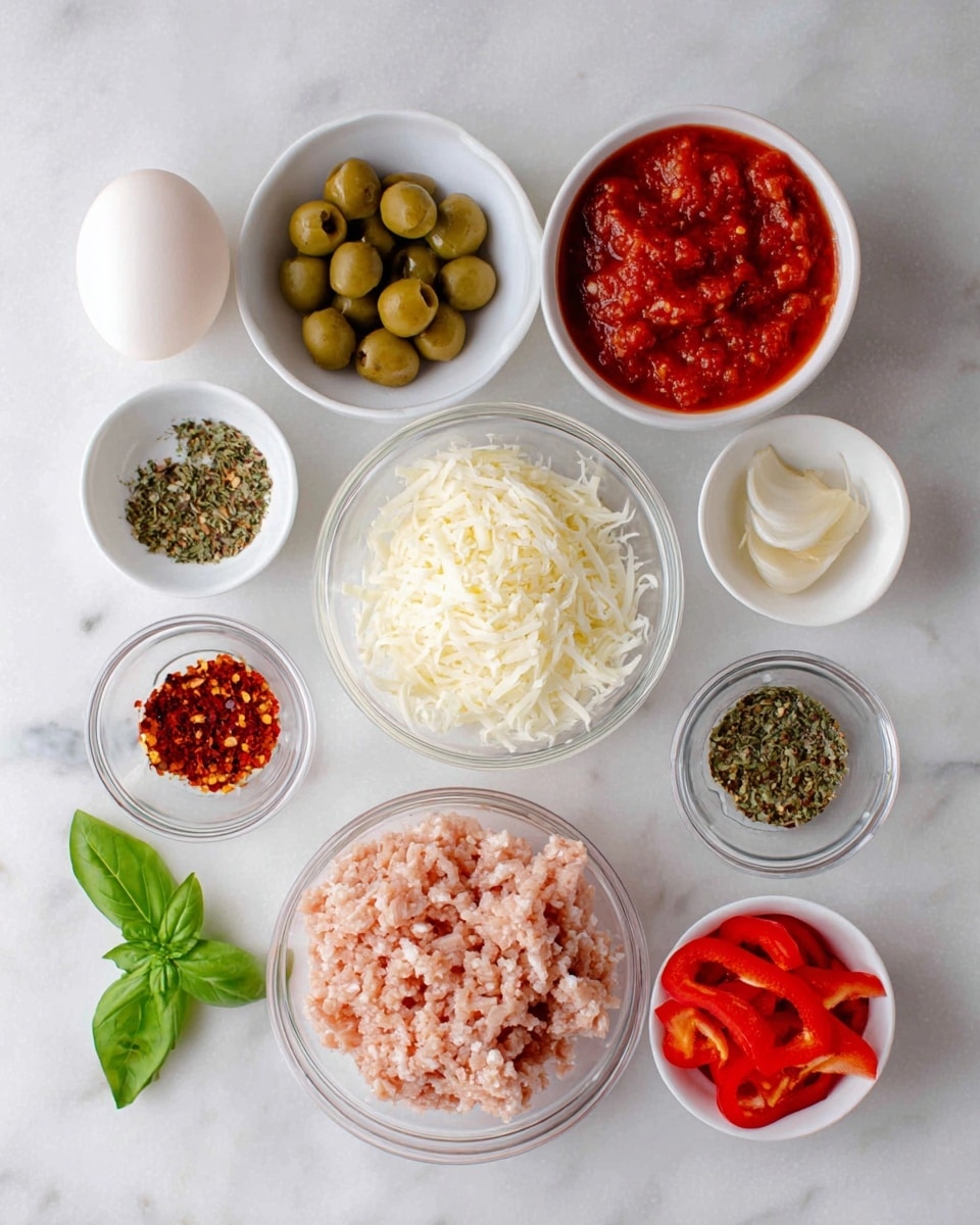 A top view of seven small white bowls and one clear bowl arranged on a white marbled surface. The clear bowl at the bottom center has light pink ground meat. Above it, a clear bowl filled with white shredded cheese. To the right, a clear bowl holds green sliced olives. Above that, another clear bowl contains chunky red tomato sauce. To the left of the shredded cheese, a small bowl holds mixed herbs with specks of green, brown, and reddish tones. Below that, a white bowl with red chili flakes is placed next to a green basil leaf on the marble surface. At the top left corner, a white bowl holds a whole egg, and just below it is a small bowl containing red bell pepper slices. photo taken with an iphone --ar 4:5 --v 7
