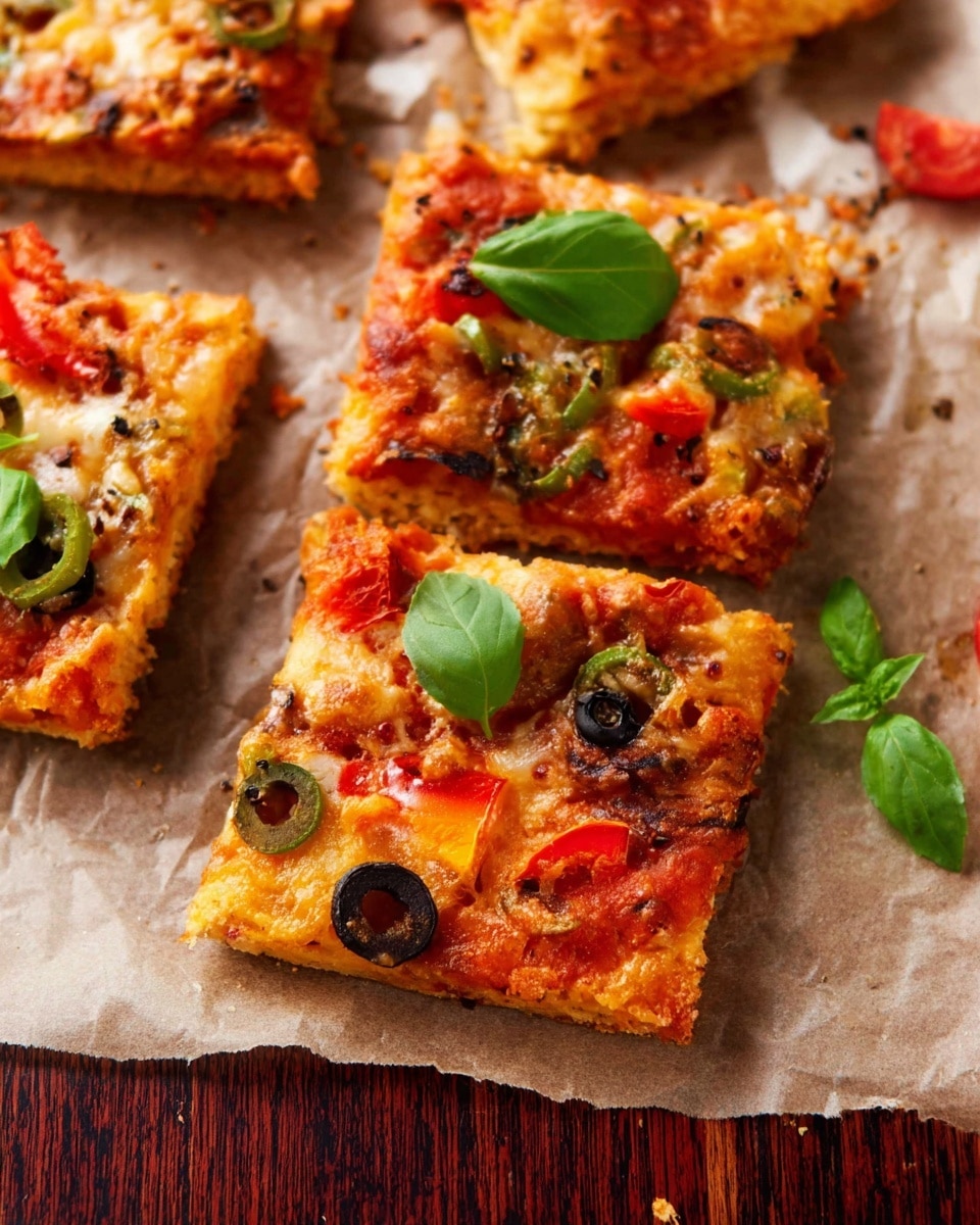 This image shows several square pieces of pizza sitting on light brown parchment paper over a dark wooden surface. Each pizza piece has a golden and slightly crispy crust as the base layer. On top is a layer of red tomato sauce, followed by melted orange cheese that looks bubbly and browned in spots. Scattered on the cheese are green olive slices, diced red bell peppers, and some dark herbs. Fresh green basil leaves are placed on top of the pizza pieces, adding a fresh touch. The whole scene is casual and warm, with a close-up view that highlights the textures of the toppings and crust. Photo taken with an iphone --ar 4:5 --v 7