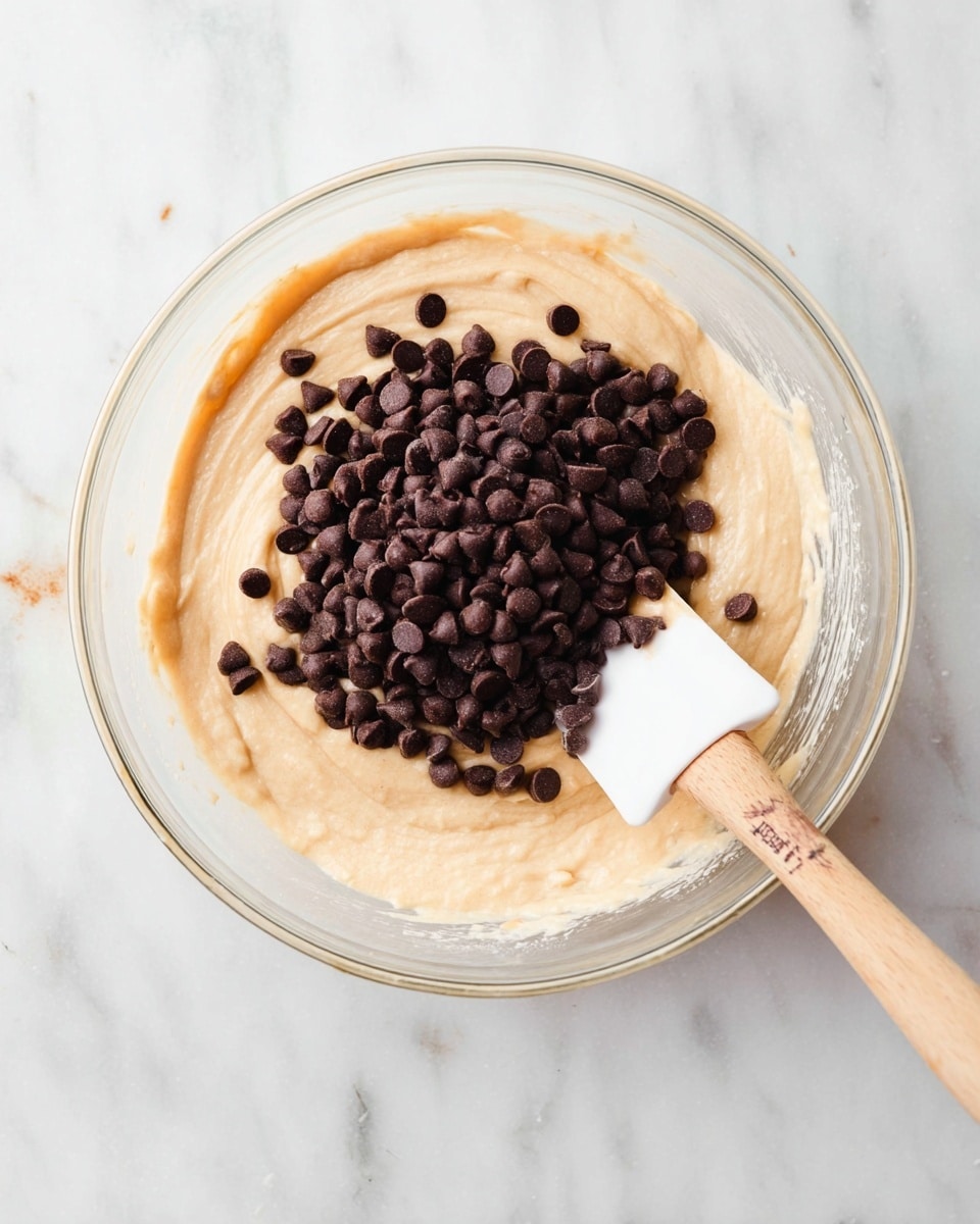 A clear glass bowl sits on a white marbled surface filled with creamy light beige batter. On top of the batter, there is a dark brown pile of chocolate chips spread mostly in the center. A wooden handle spatula with a white silicone head is partially dipped inside the batter on the right side of the bowl. The scene is simple with the focus on the thick batter and chocolate chips inside the bowl photo taken with an iphone --ar 4:5 --v 7