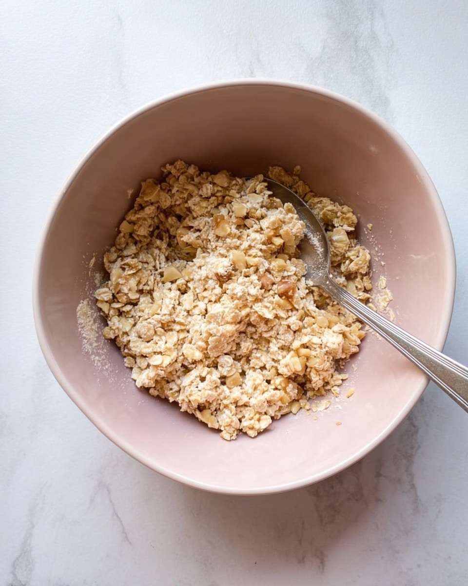 A rounded light pink bowl holds a mixture of light beige oats and small pieces of light brown nuts, creating a sticky and chunky texture with some clumps and loose oats. Inside the bowl, a silver spoon is placed with its handle leaning outwards. The bowl sits on a white marbled surface. photo taken with an iphone --ar 4:5 --v 7